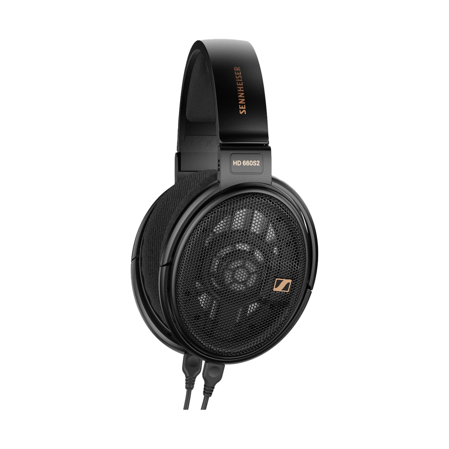 Cuffie Sennheiser HD 660S2 nere con padiglioni in rete e due cavi neri.