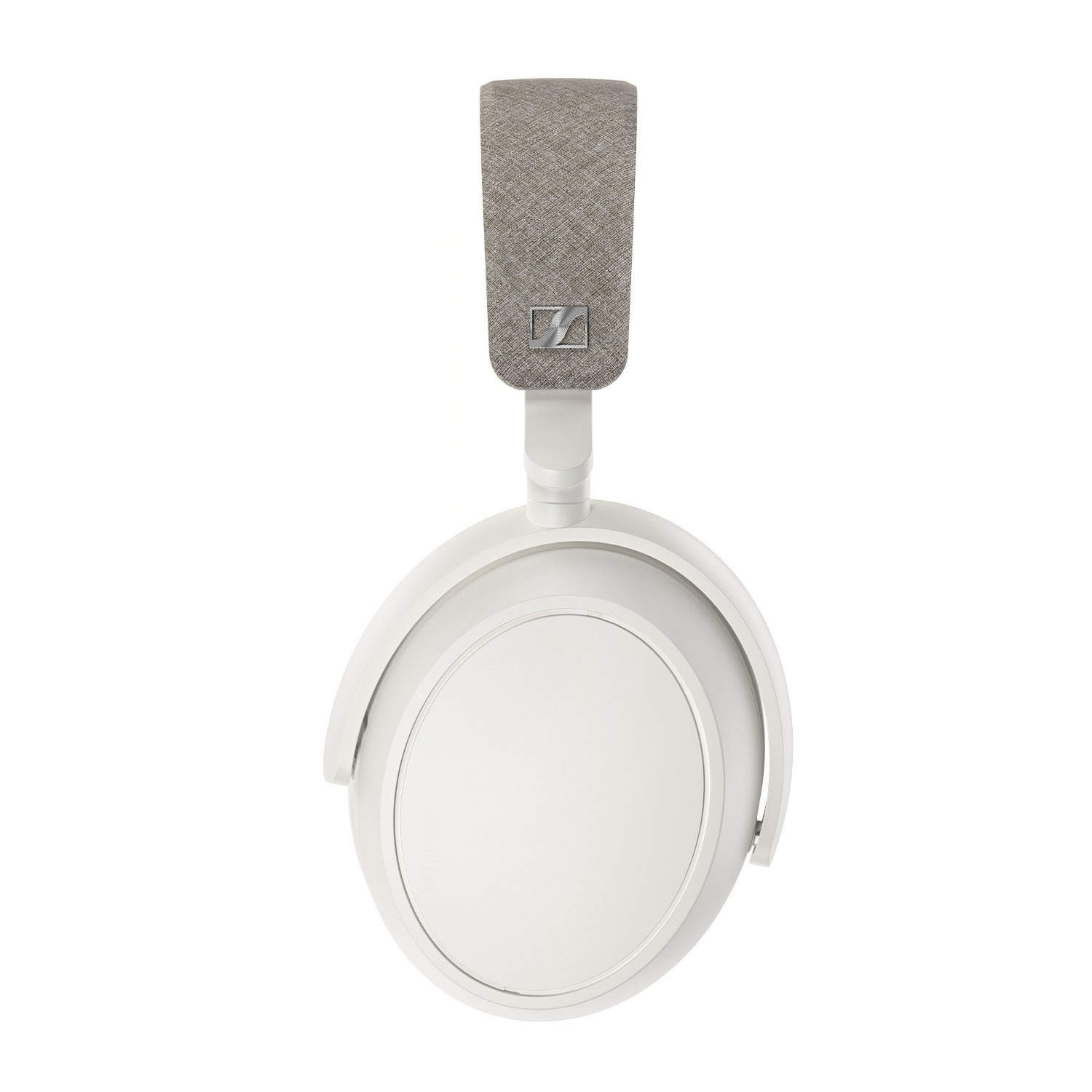 Cuffie bianche con fascia in tessuto grigio e logo Sennheiser.