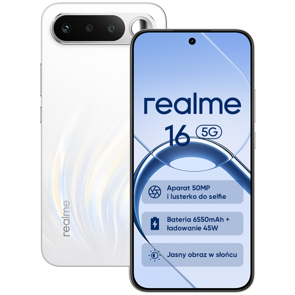 Biały smartfon Realme 16 5G z trzema tylnymi aparatami i informacjami na wyświetlaczu.