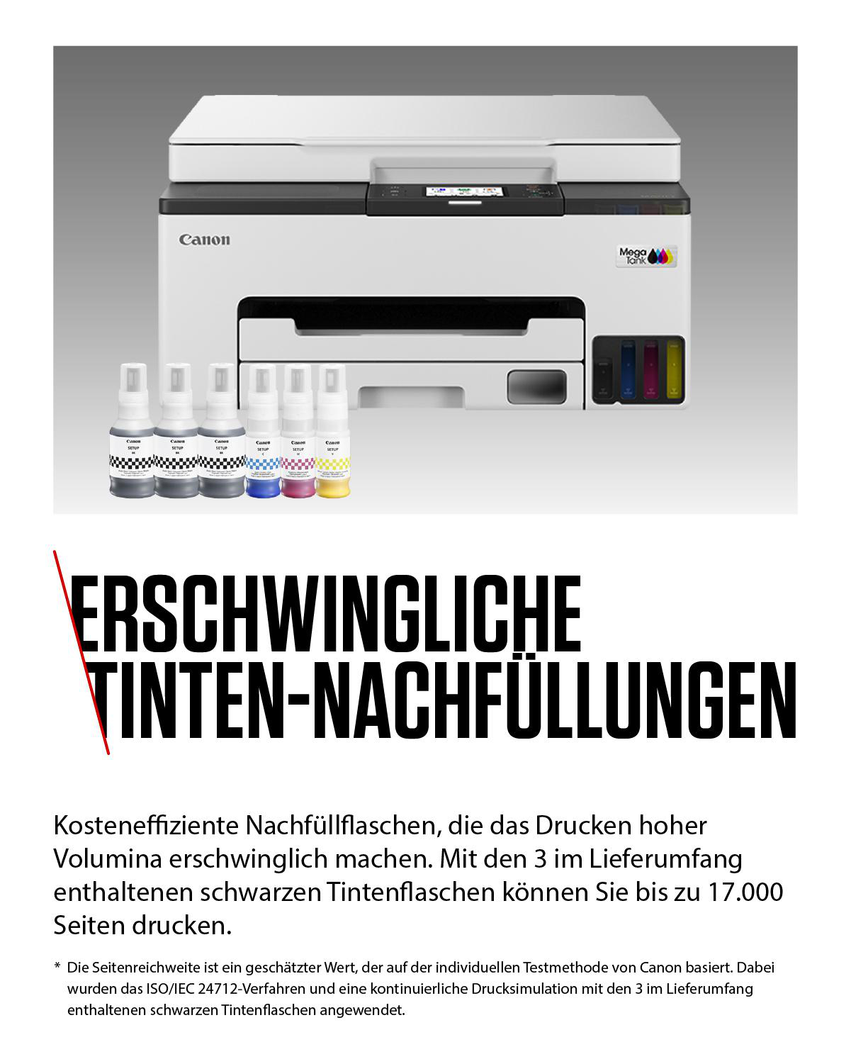 Ein Canon Mega Tank Drucker mit Tintenflaschen in vier Farben.