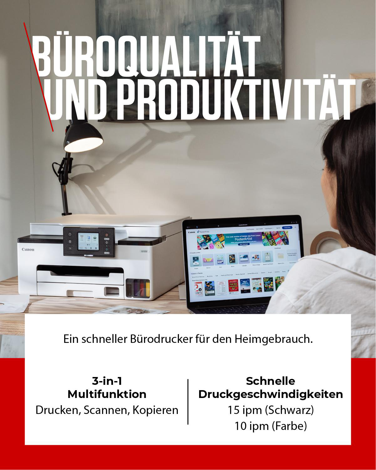 Canon Multifunktionsdrucker mit Laptop, Schreibtischlampe und Wandbild.