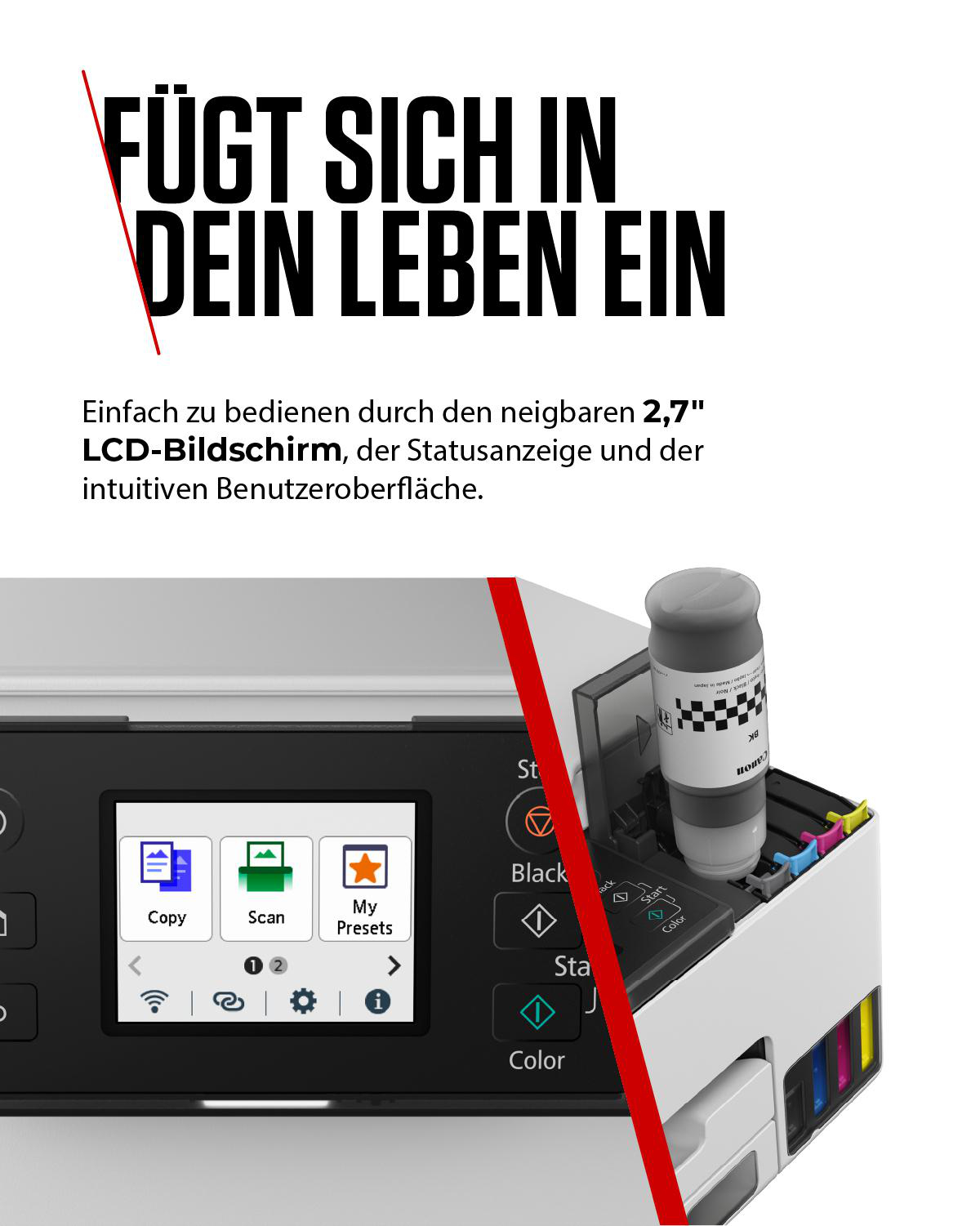 Ein Drucker mit Farb- und Schwarz-Tintenbehältern, Touchscreen und Tasten.