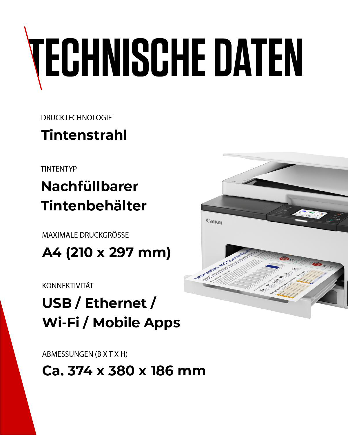Technische Daten: Tintenstrahl, A4, USB/Ethernet/Wi-Fi, 374x380x186mm.
