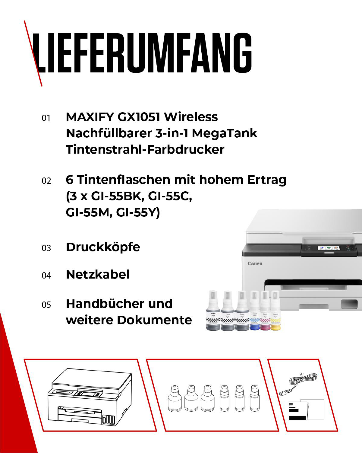 Lieferumfang: Drucker, Tinten, Druckköpfe, Kabel und Dokumente.