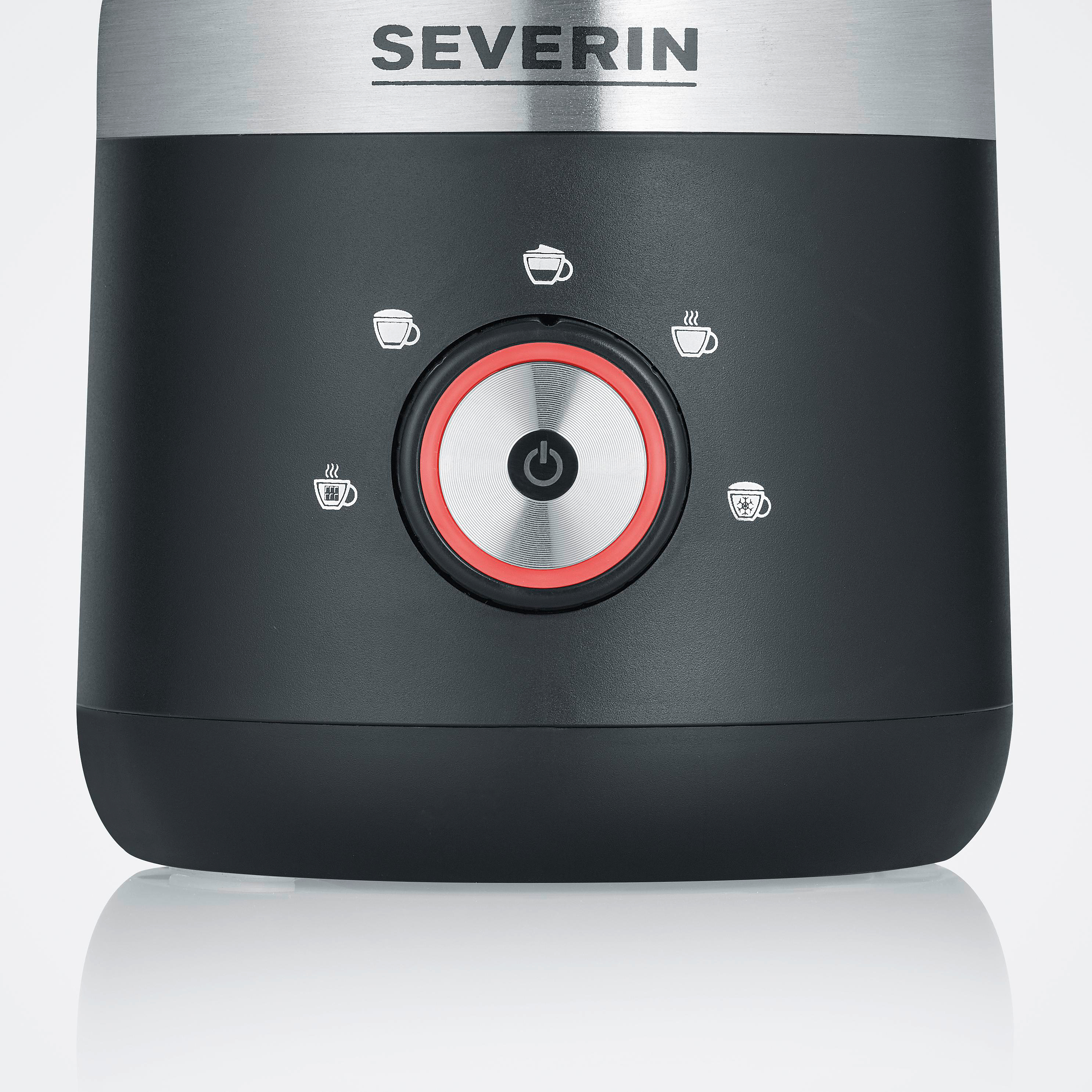 Severin Logo über einem schwarzen Gerät mit Power-Knopf und Tassensymbolen.