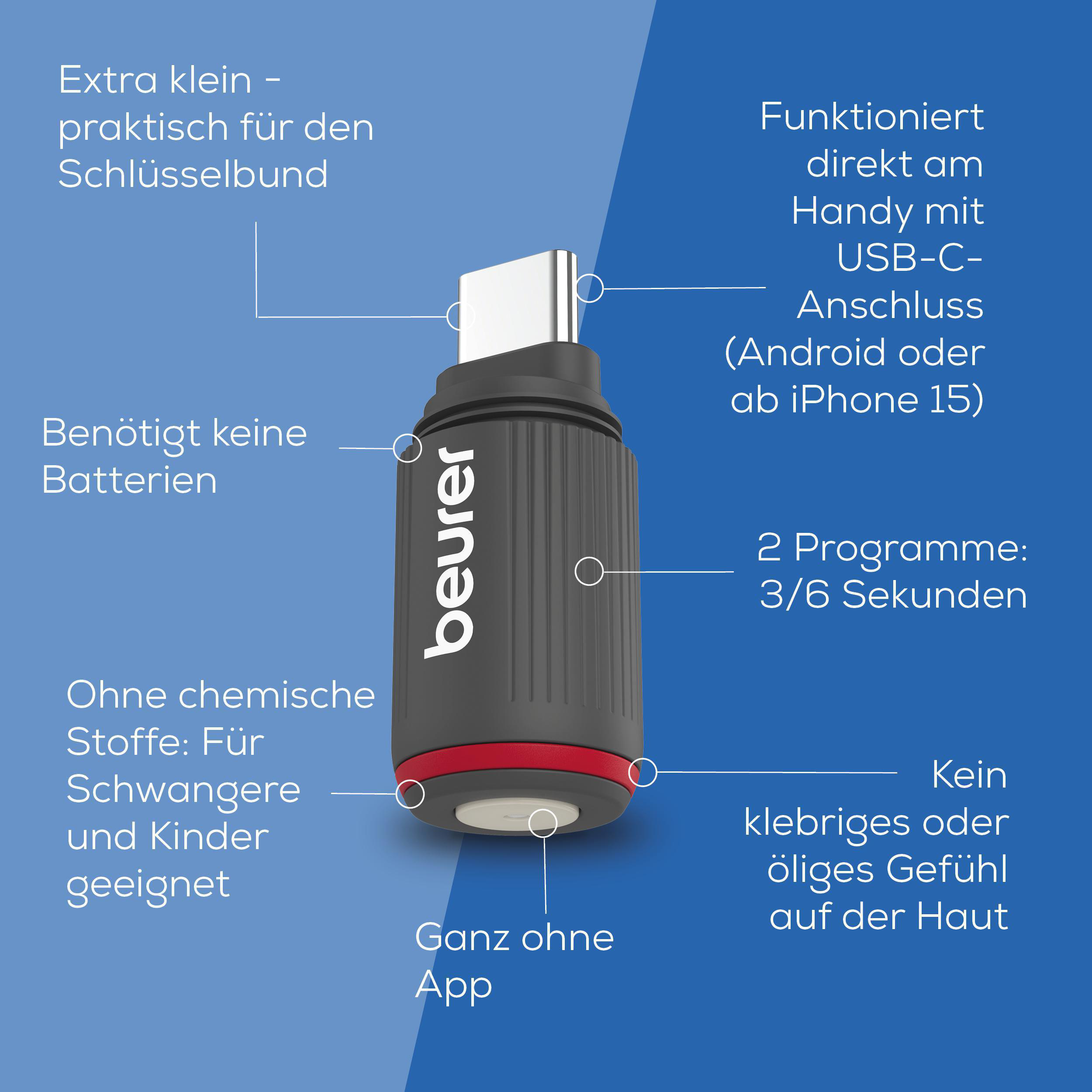 Kompakter Beurer USB-C-Adapter: Klein, batterie- und appfrei, sicher für alle.