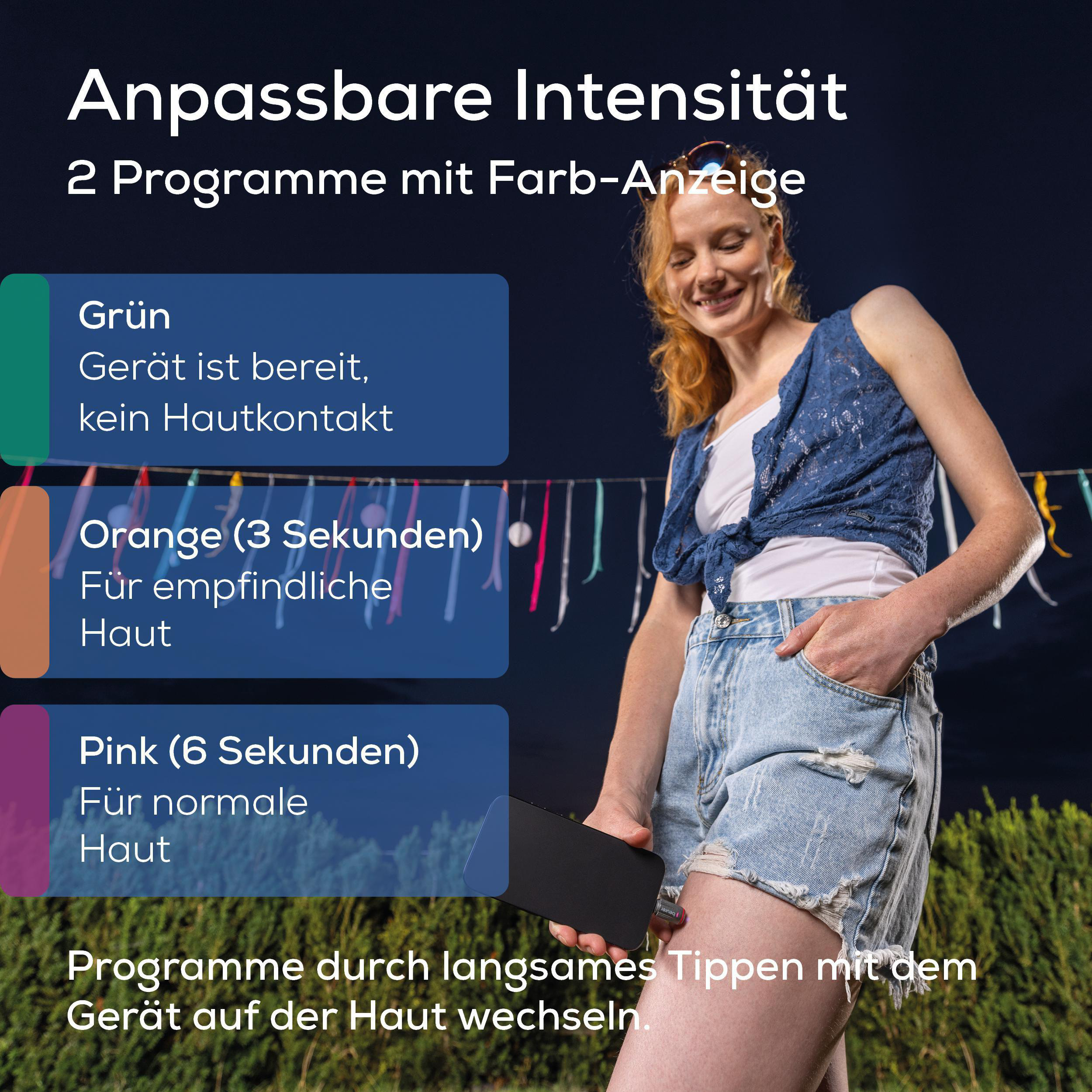 Frau mit Handy hält Gerät. Anzeige von Intensitätsprogrammen.