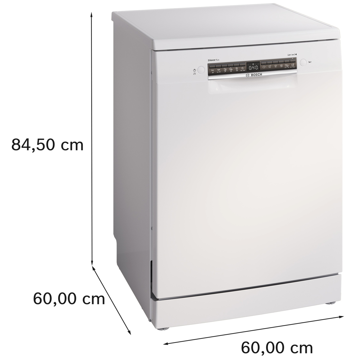 White Bosch dishwasher, dimensions 84.5x60x60cm, with control panel.