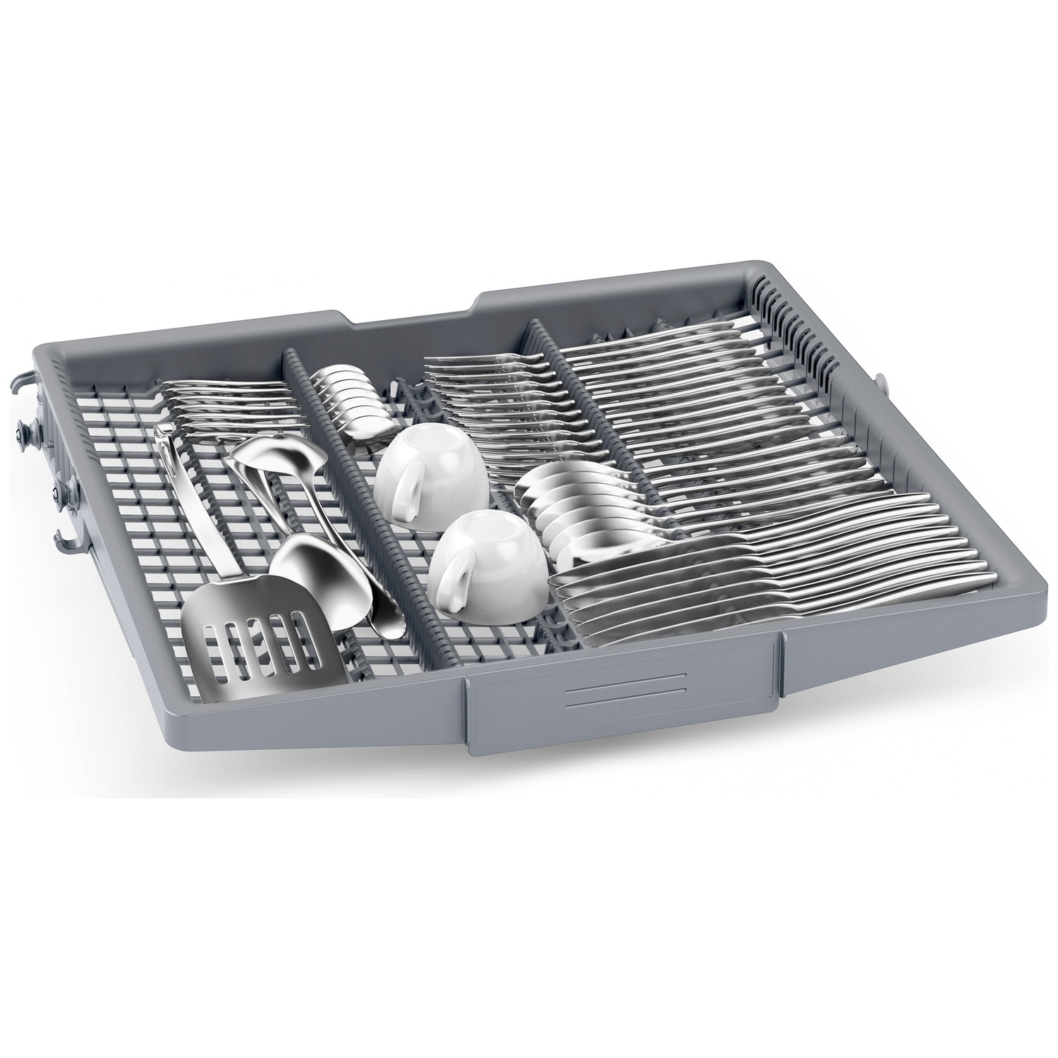 A gray dishwasher basket holding clean cutlery, two cups, and a spatula.