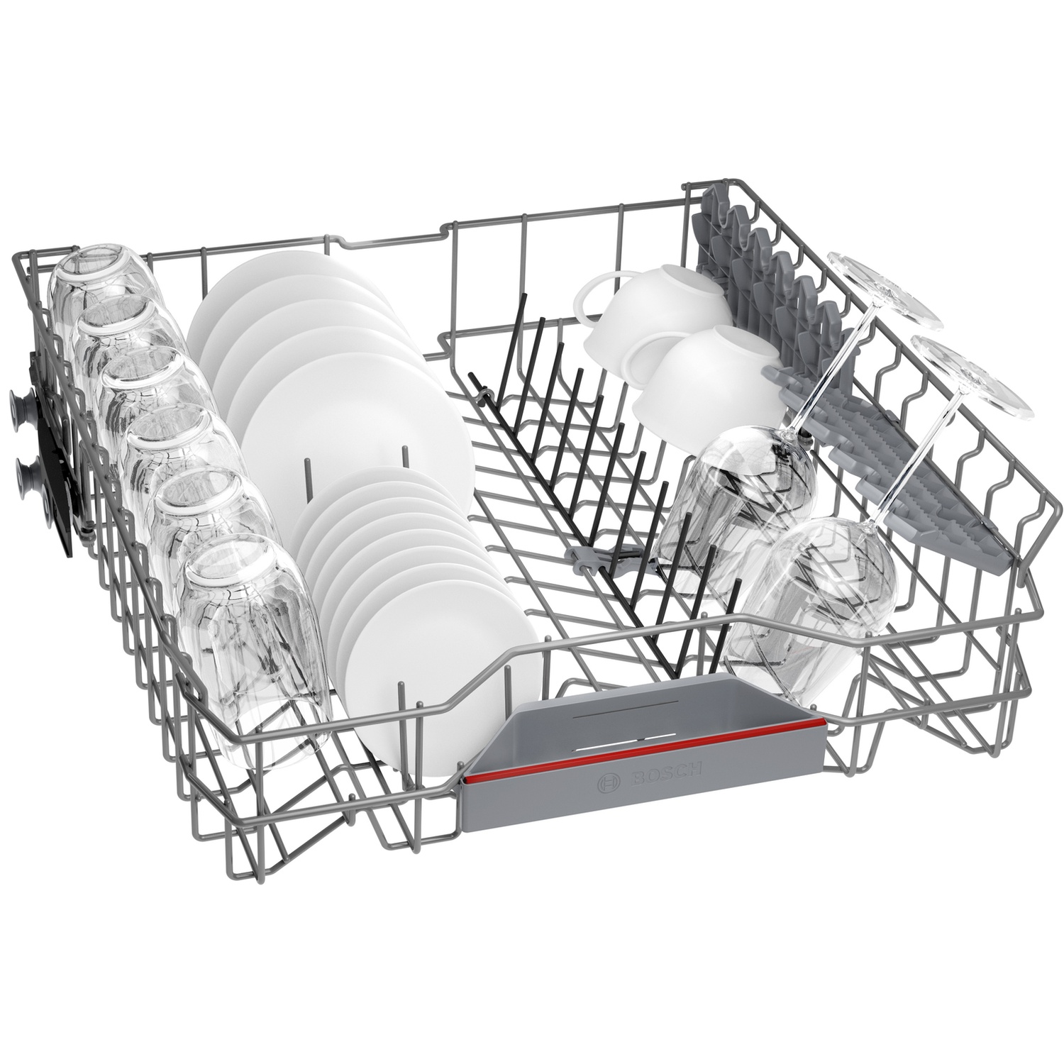 Dishwasher rack with glasses, plates, and cups, ready for washing.