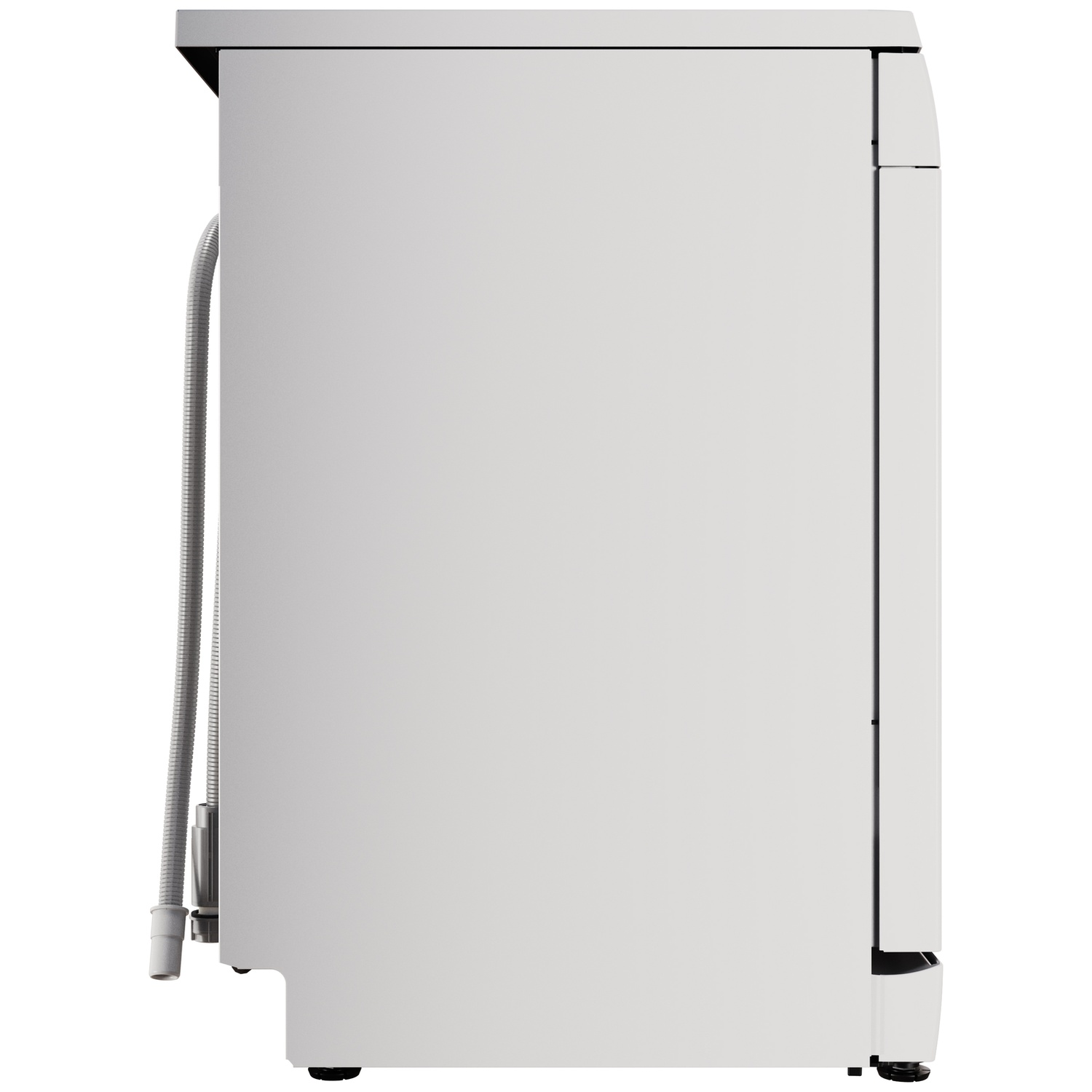 White dishwasher shown from the side with a hose on the left.