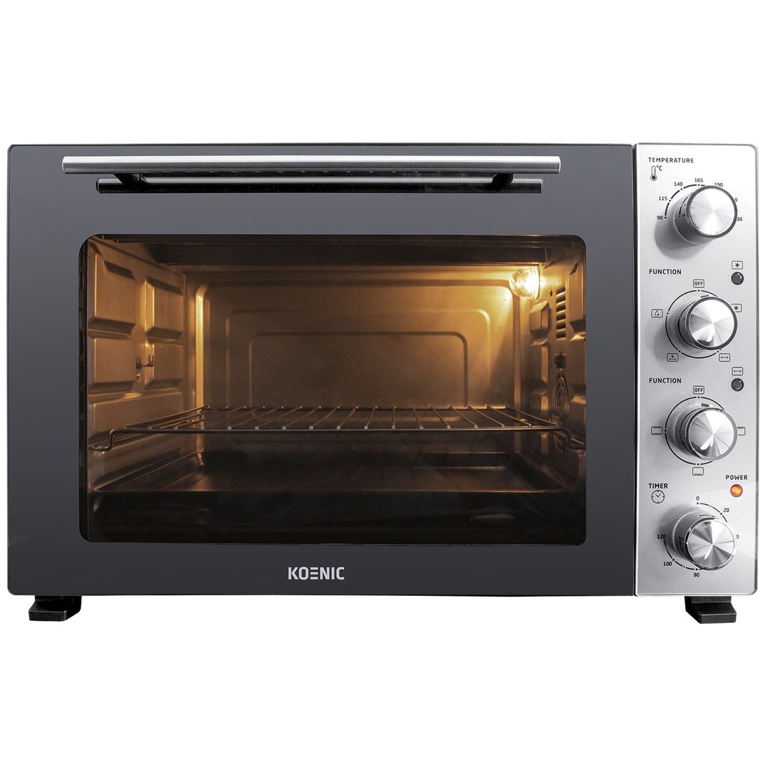 Een Koenic minioven met zilveren bedieningselementen en een verlicht interieur.
