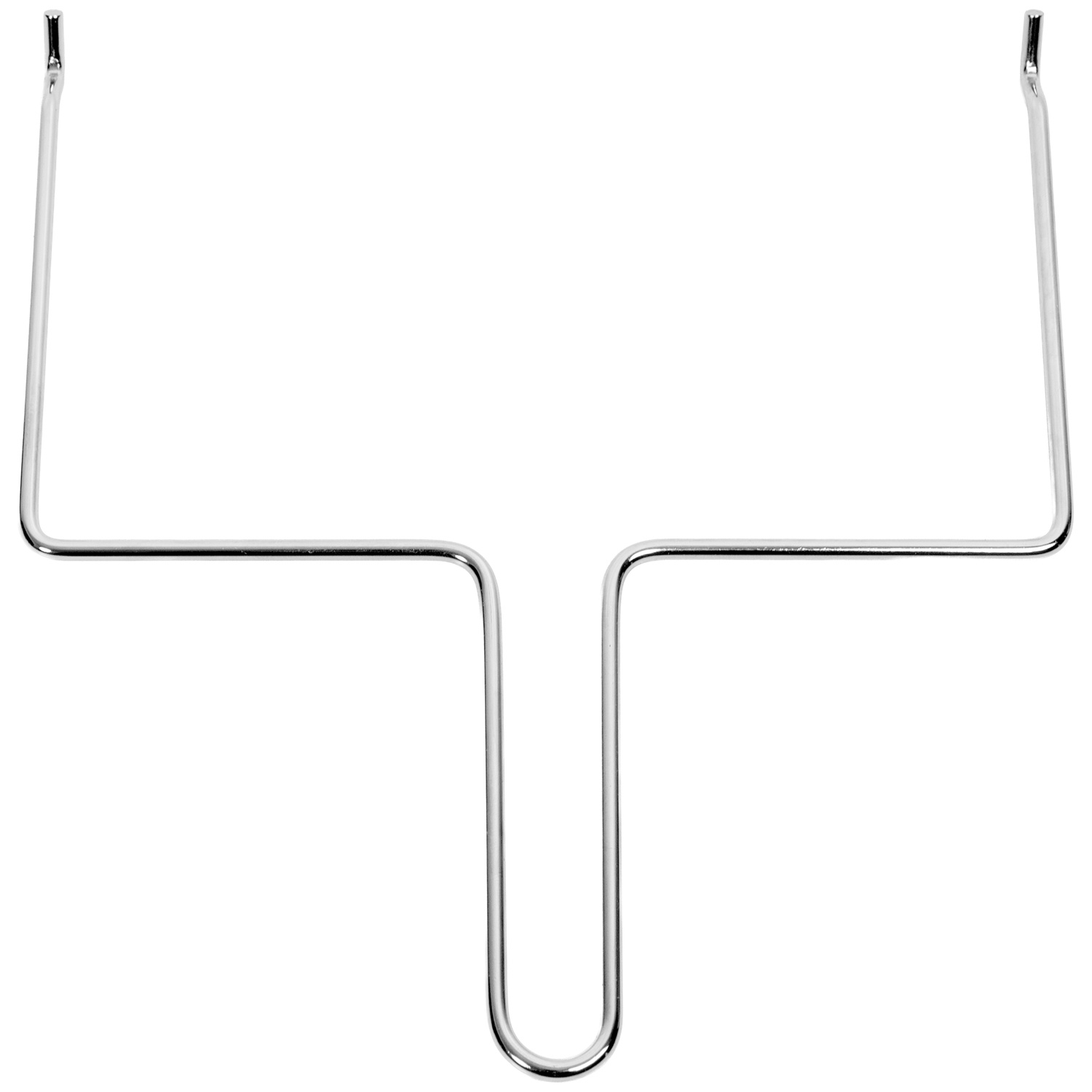 Een glanzende metalen beugel met U-vormige ophanging.