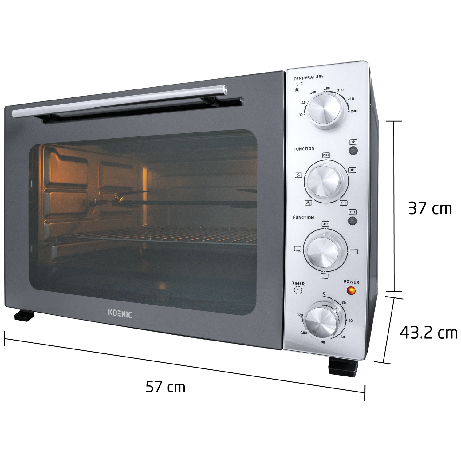 Een grijze Koenic minioven met zilveren bedieningsknoppen en temperatuurinstellingen.
