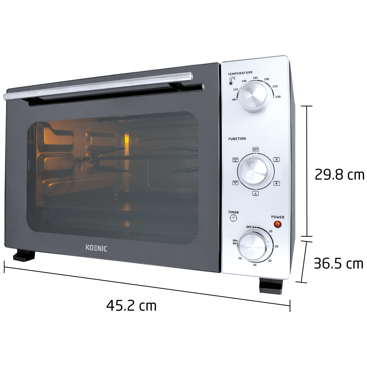 Een Koenic minioven met zilveren en zwarte elementen, afmetingen aangegeven.