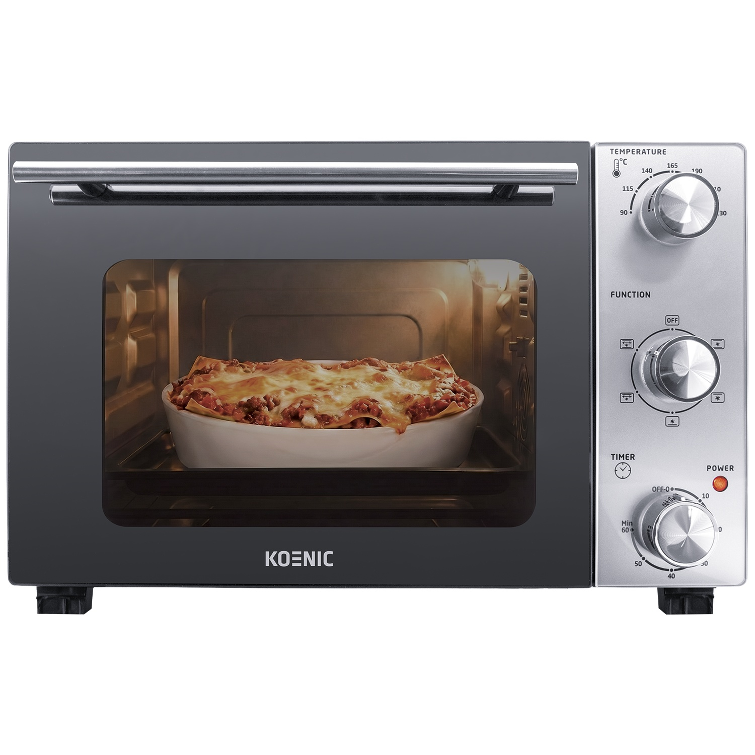 Een Koenic oven met lasagne erin, bedieningselementen rechts.