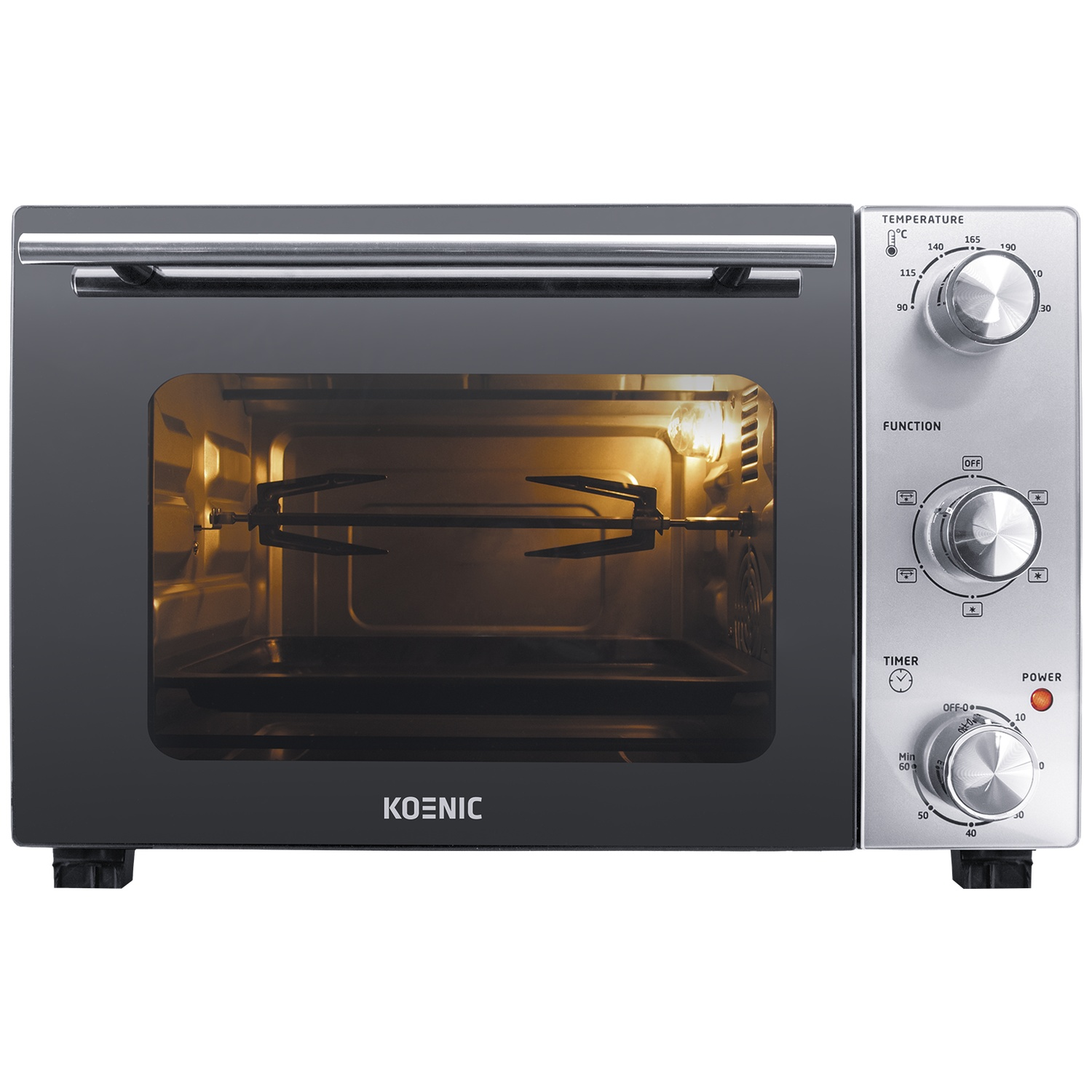 Een zilveren en zwarte Koenic oven met een spit en bedieningsknoppen.
