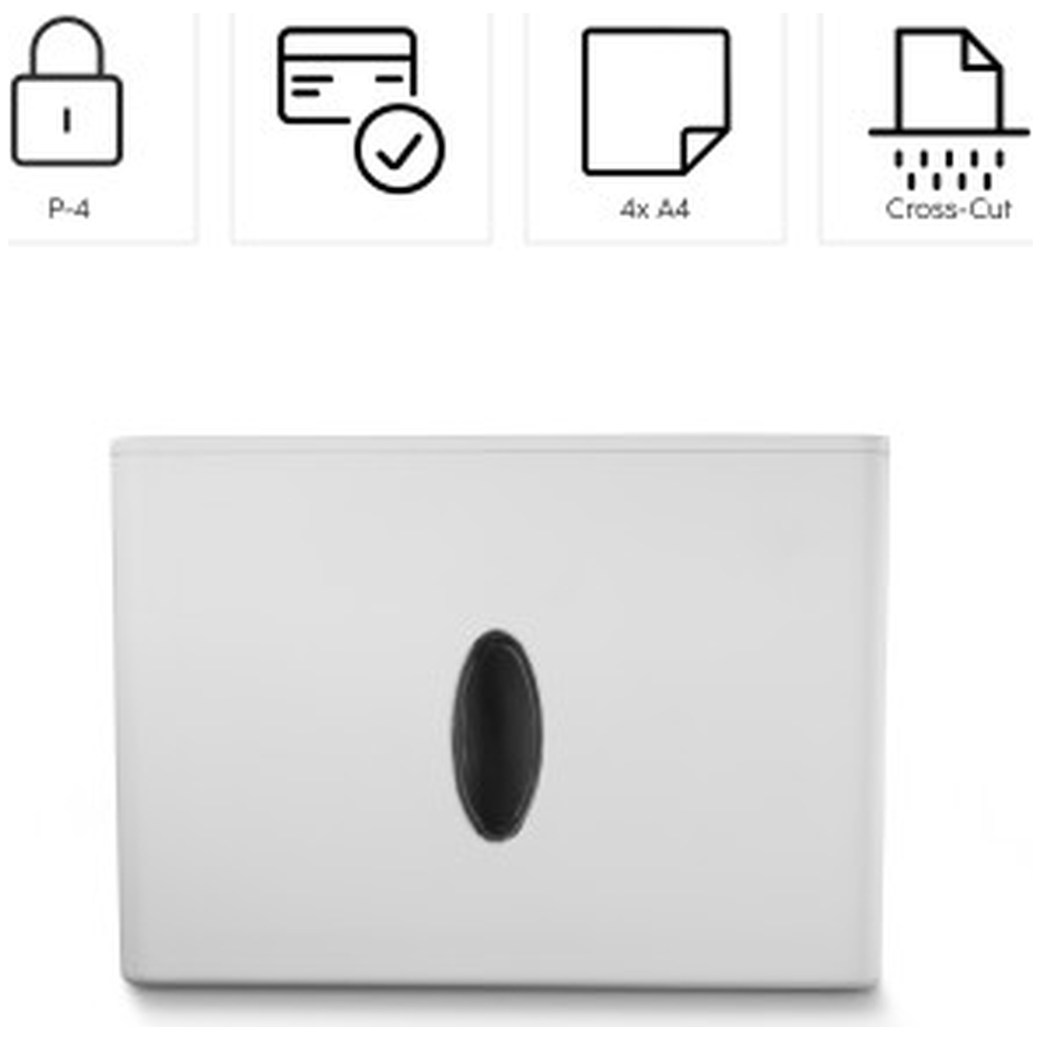 Witte papiervernietiger met zwarte sleuf boven. Iconen voor beveiliging, creditcard, papier en snijtype.