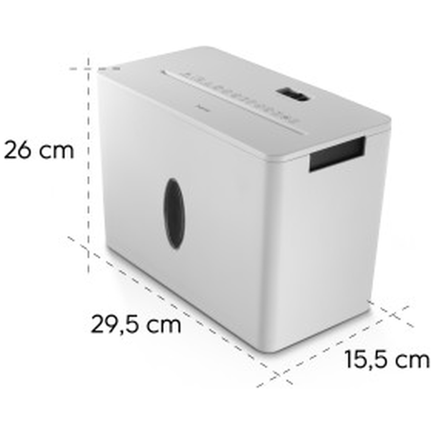Witte papierversnipperaar met afmetingen: H 26cm, B 29,5cm, D 15,5cm.