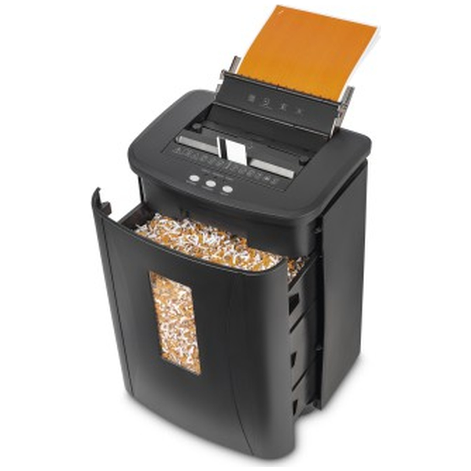 Een zwarte papierversnipperaar met een deels ingevoerd oranje dossier.