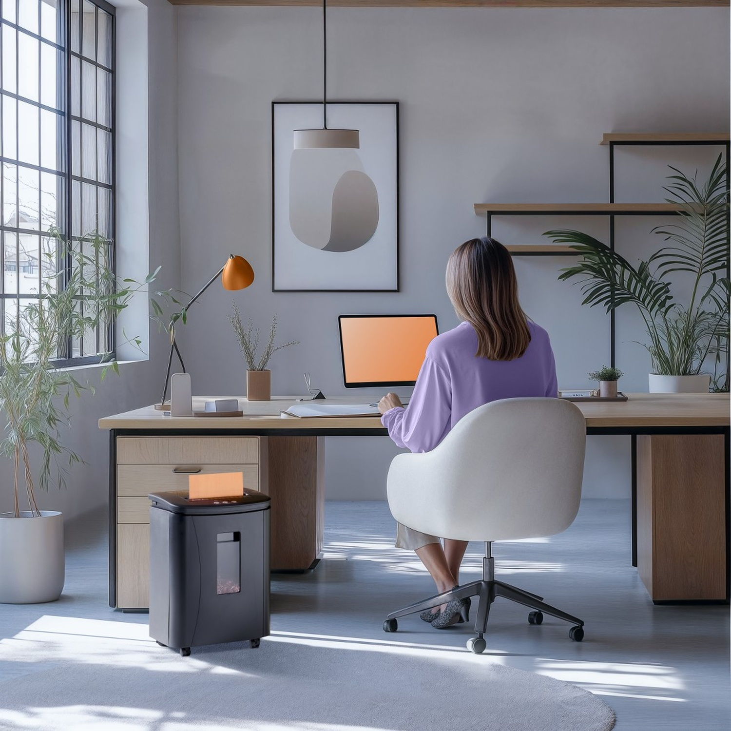 Een vrouw werkt aan een bureau met een laptop. Een papierversnipperaar staat ernaast.