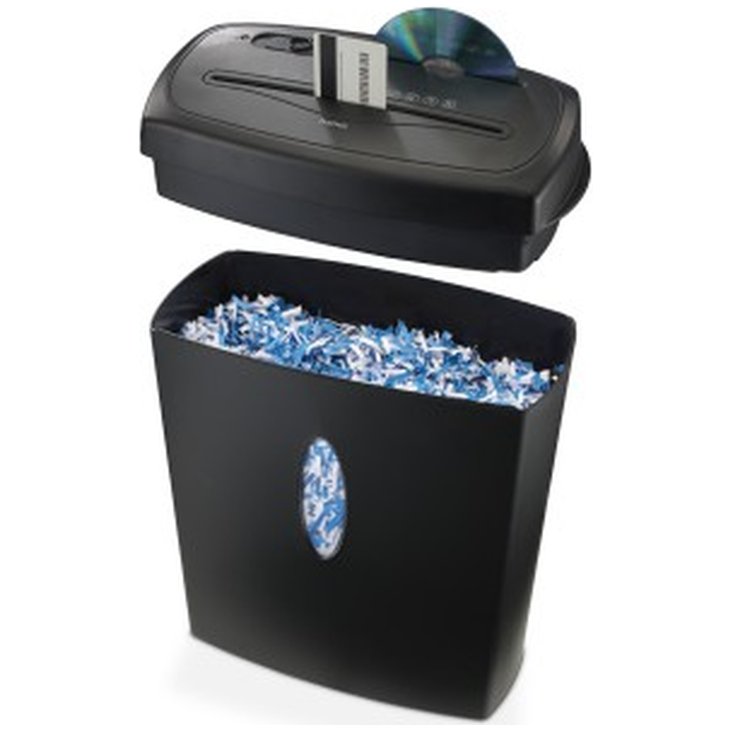 Une déchiqueteuse de papier noire est au-dessus d'une poubelle remplie de papier déchiqueté et de confettis bleus.