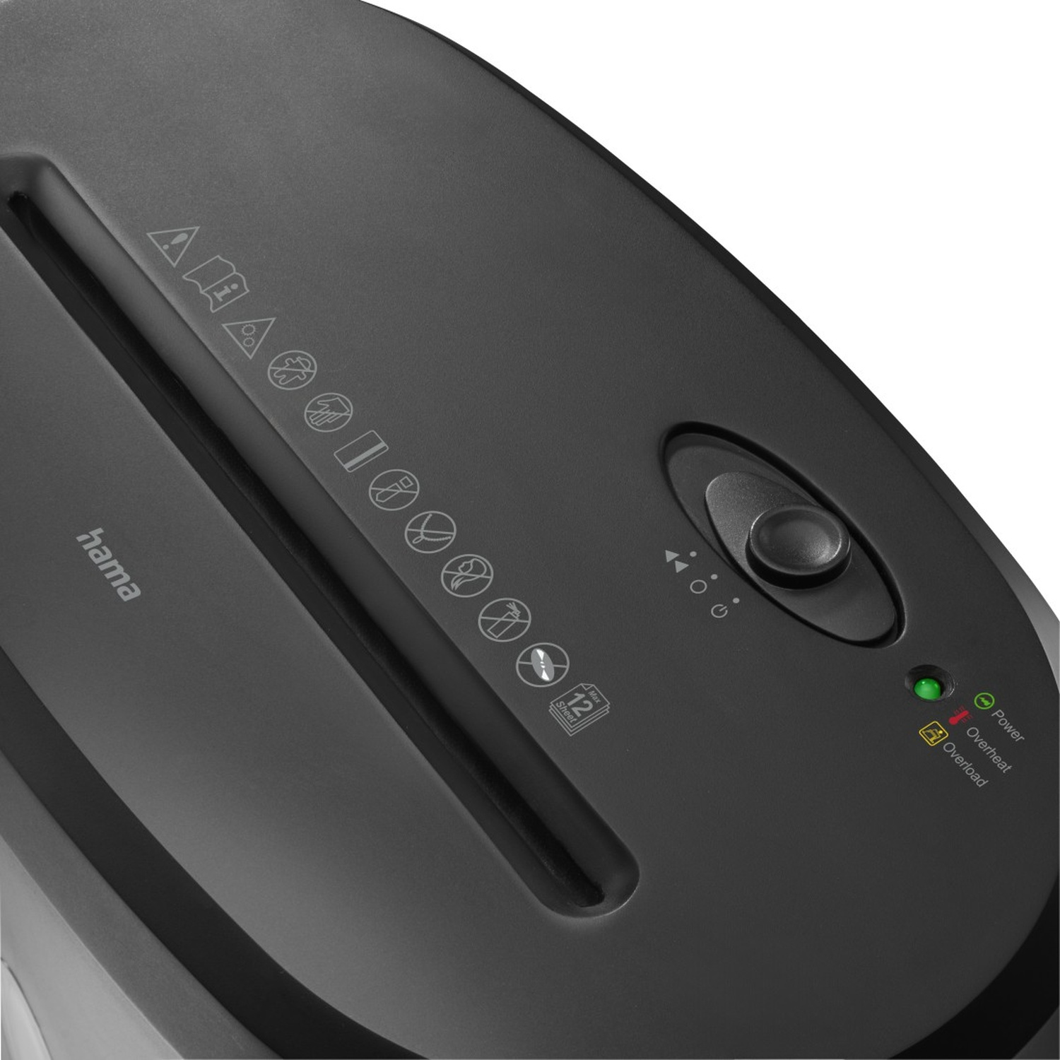Zwarte papierversnipperaar met symbolen en LED-indicatoren voor stroom en overbelasting.
