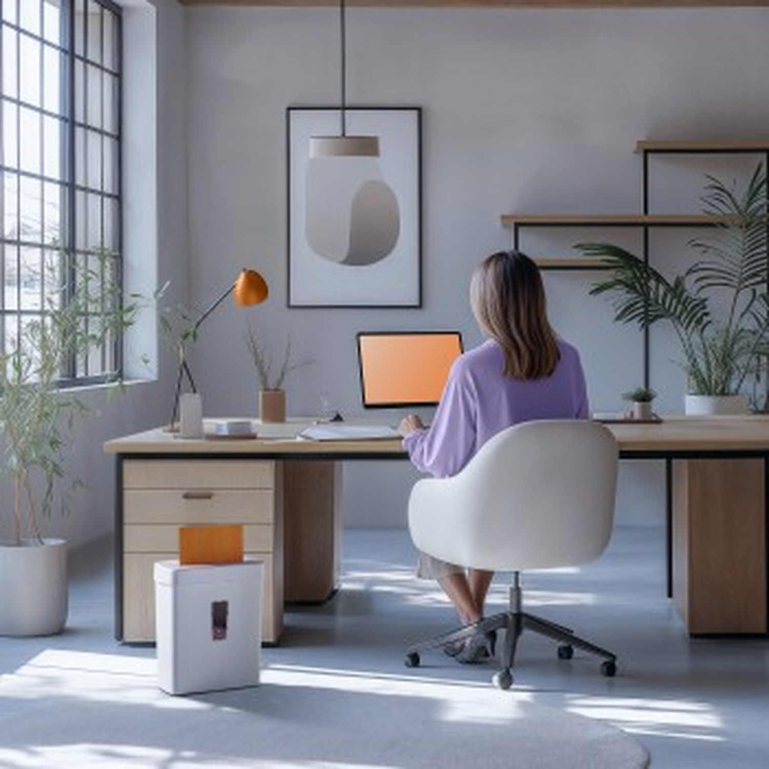 Een vrouw zit aan een bureau voor een laptop met oranje scherm.