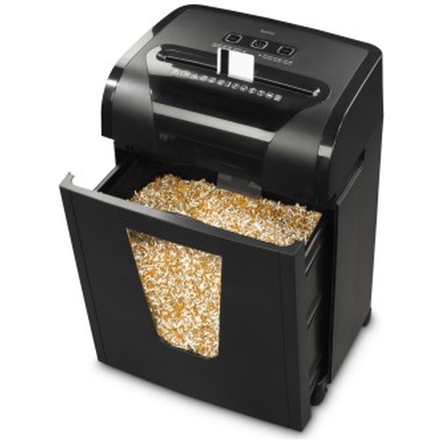 Een zwarte papierversnipperaar met een volle bak.