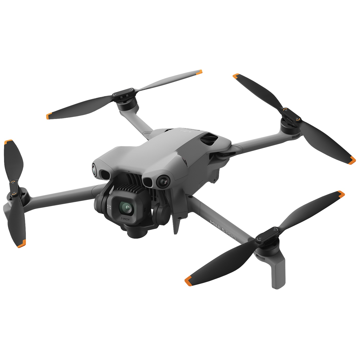 Gray drone with four propellers, camera, and orange accents, isolated.