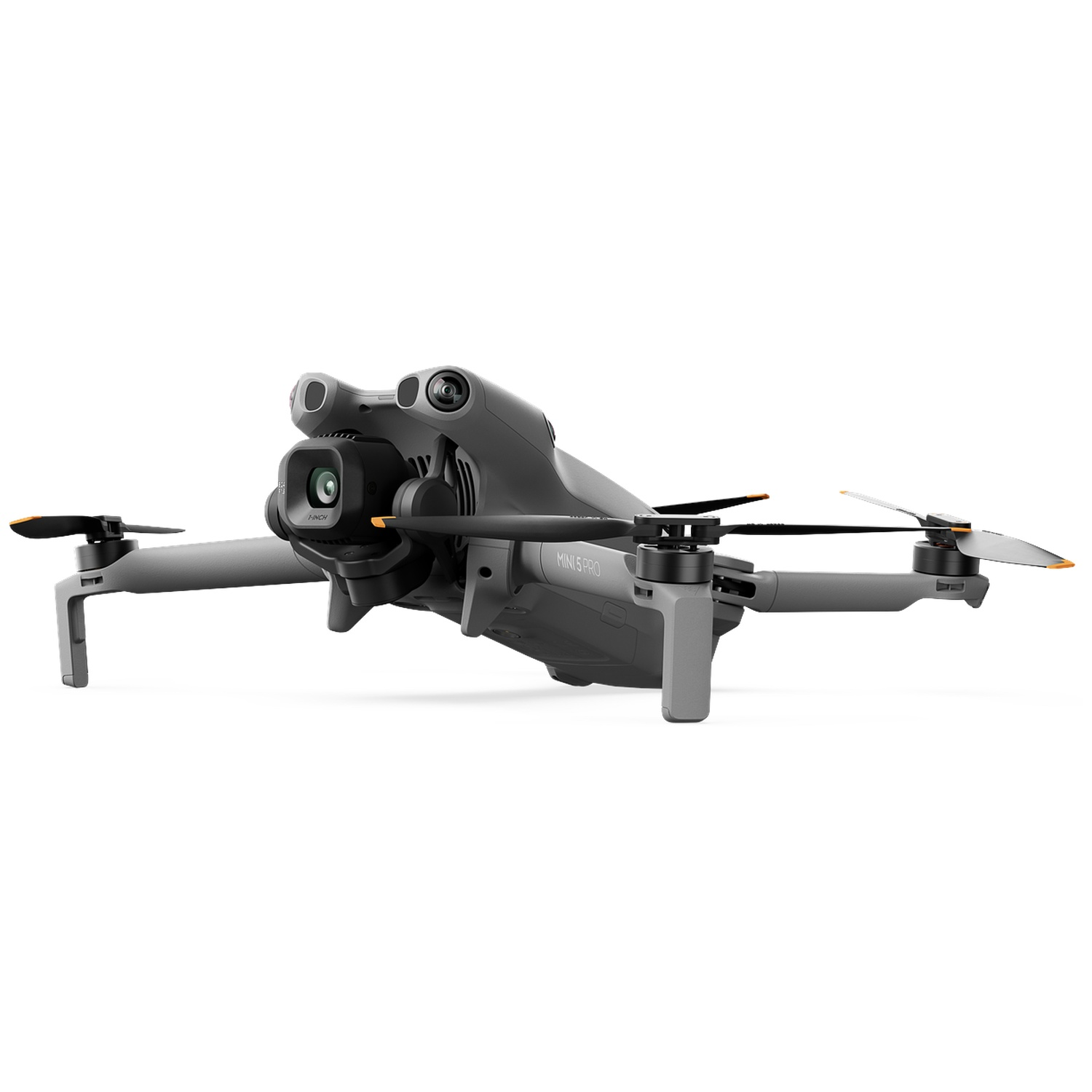 A gray mini drone with cameras and propellers against a white background.