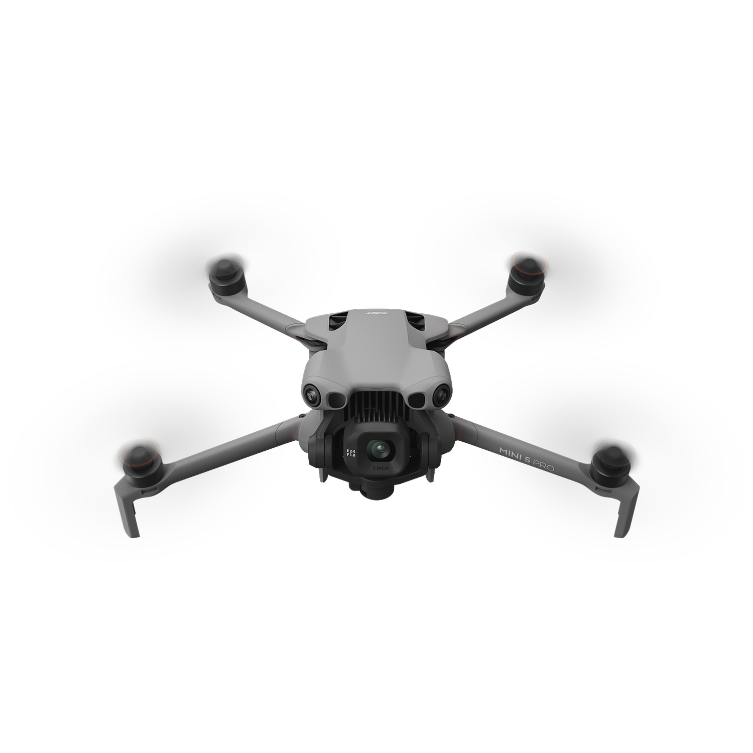 Gray DJI Mini 3 Pro drone with spinning propellers, isolated on white.