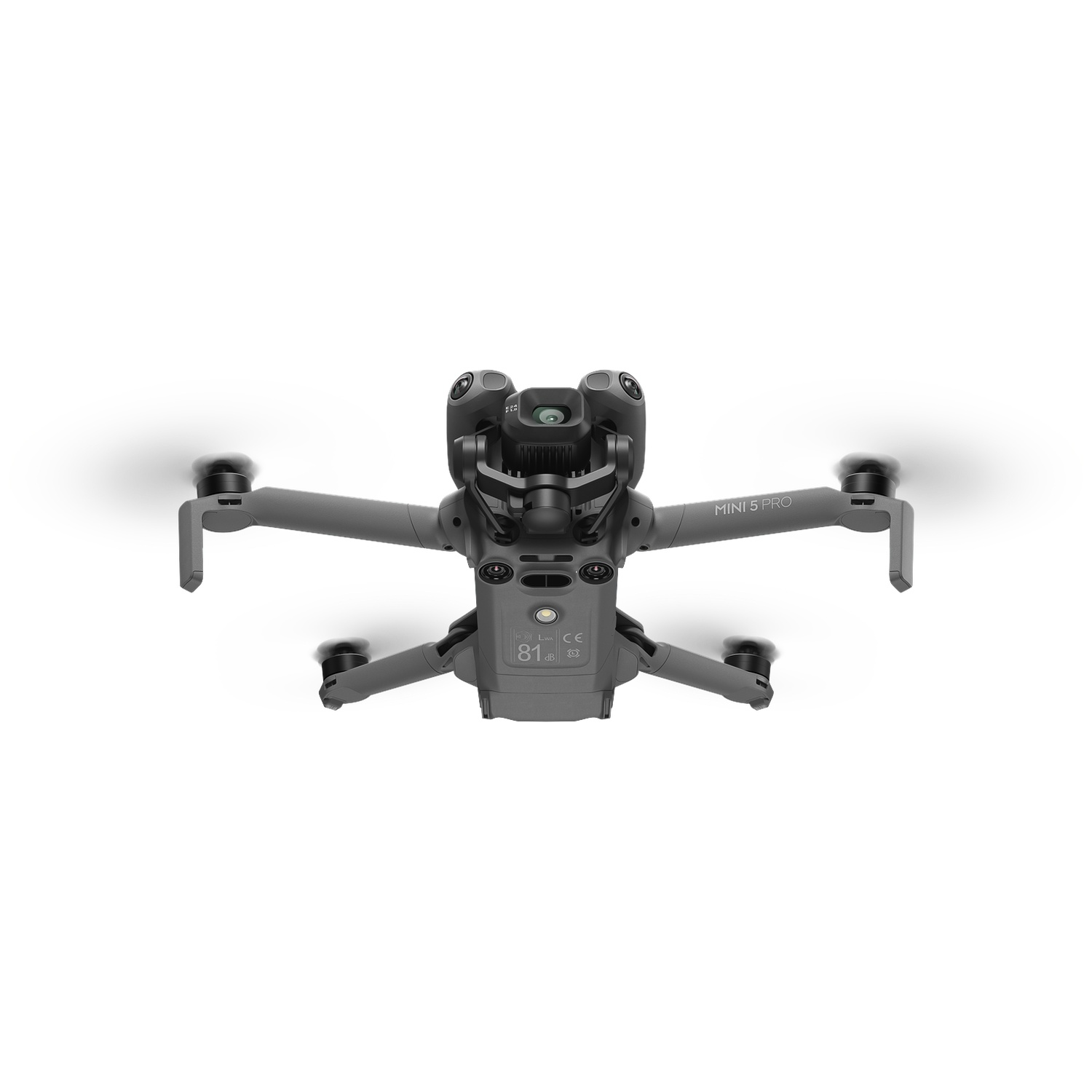 A gray drone with four propellers is shown from above on a white background.