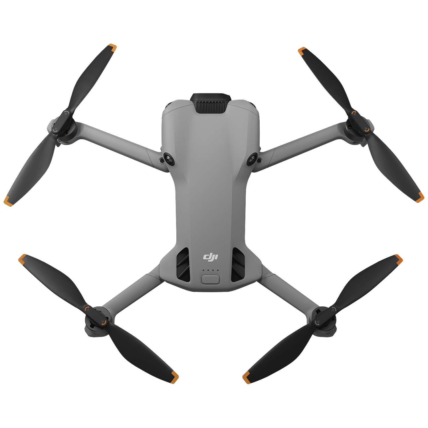 Gray DJI drone with four black propellers with orange tips.