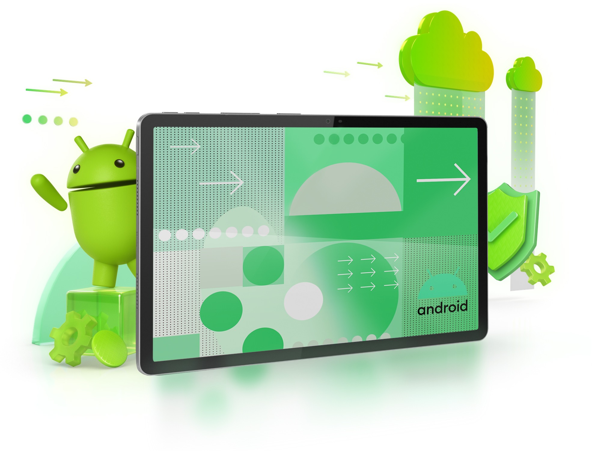 Zielony robot Android obok tabletu z zieloną grafiką. Chmury i trybiki w tle.