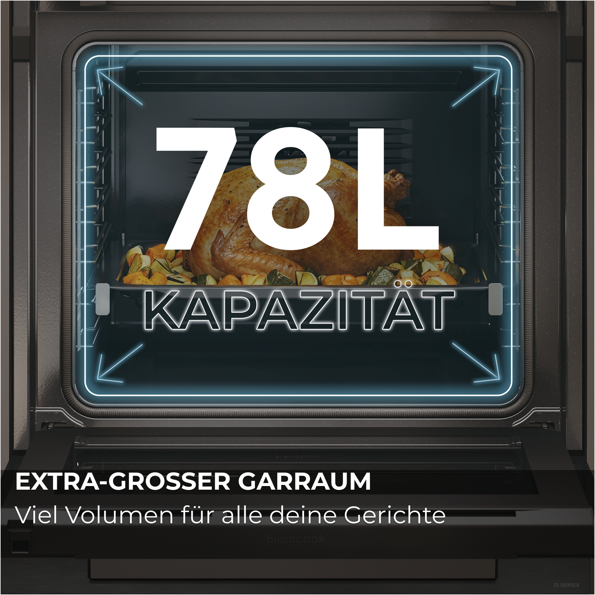 Ein gebratener Truthahn mit Gemüse in einem Ofen mit 78L Kapazität.