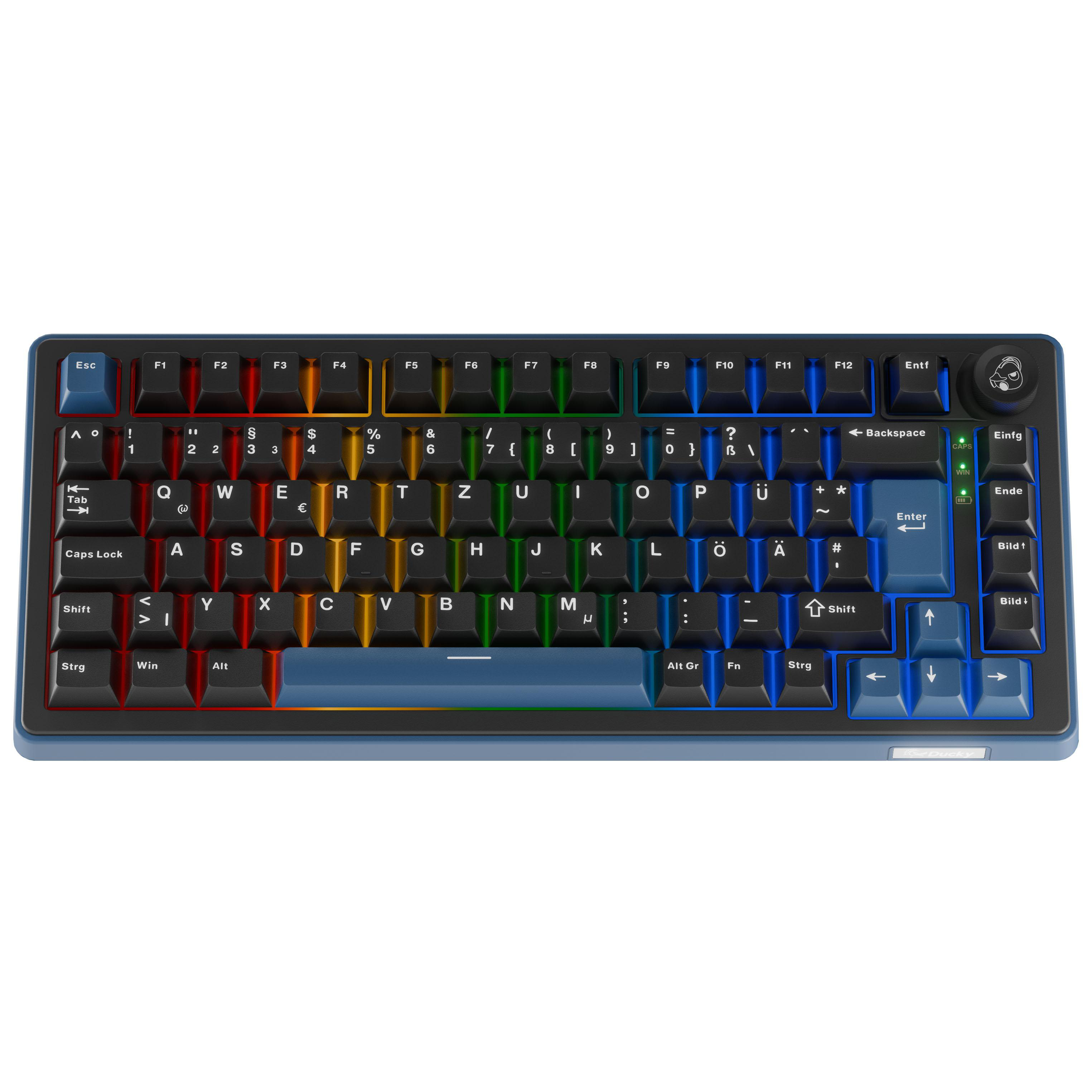 Eine blaue mechanische Tastatur mit RGB-Beleuchtung, beleuchteten Tasten und einem Ducky-Logo.