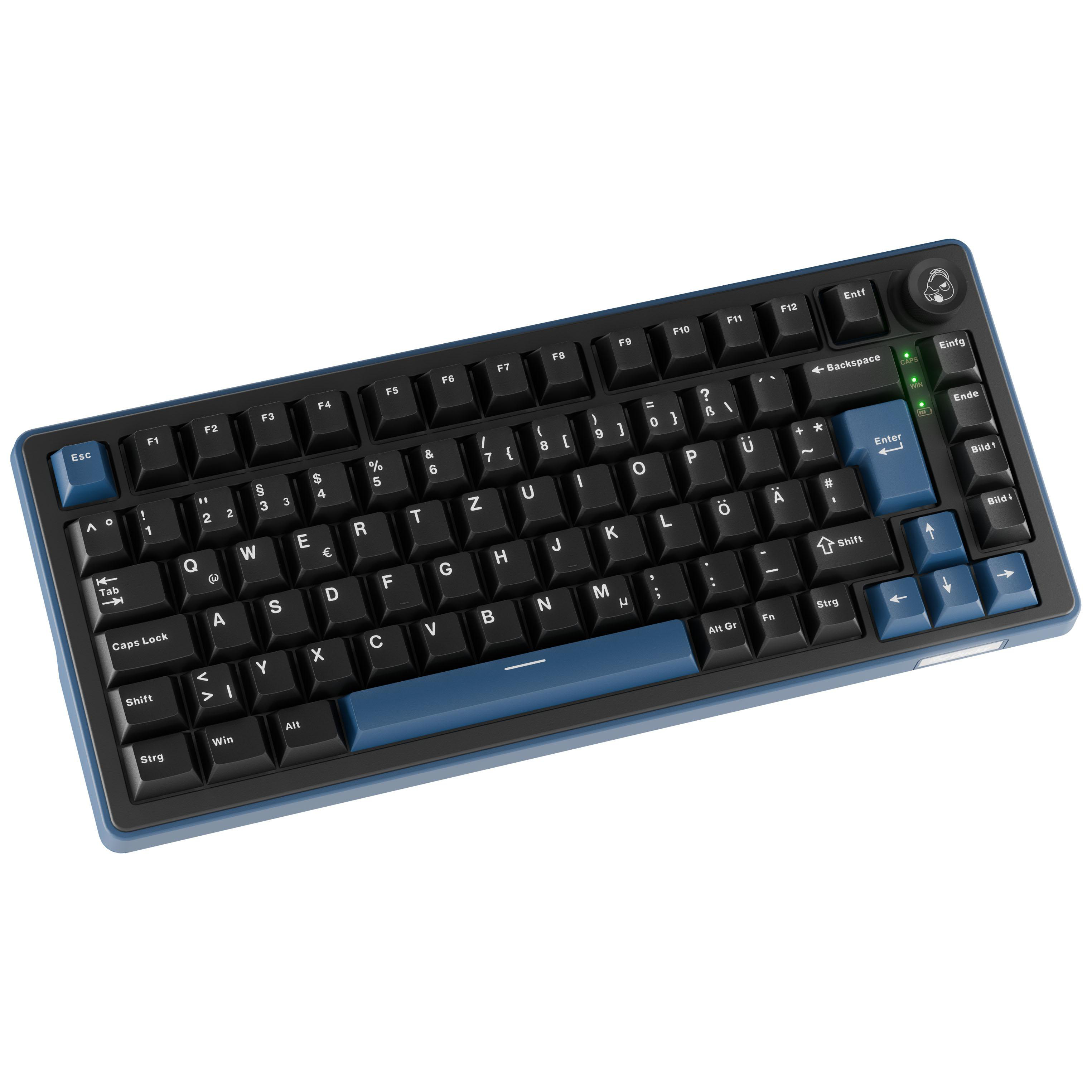 Eine schwarze Tastatur mit blauen Akzenttasten, auf weißem Hintergrund.