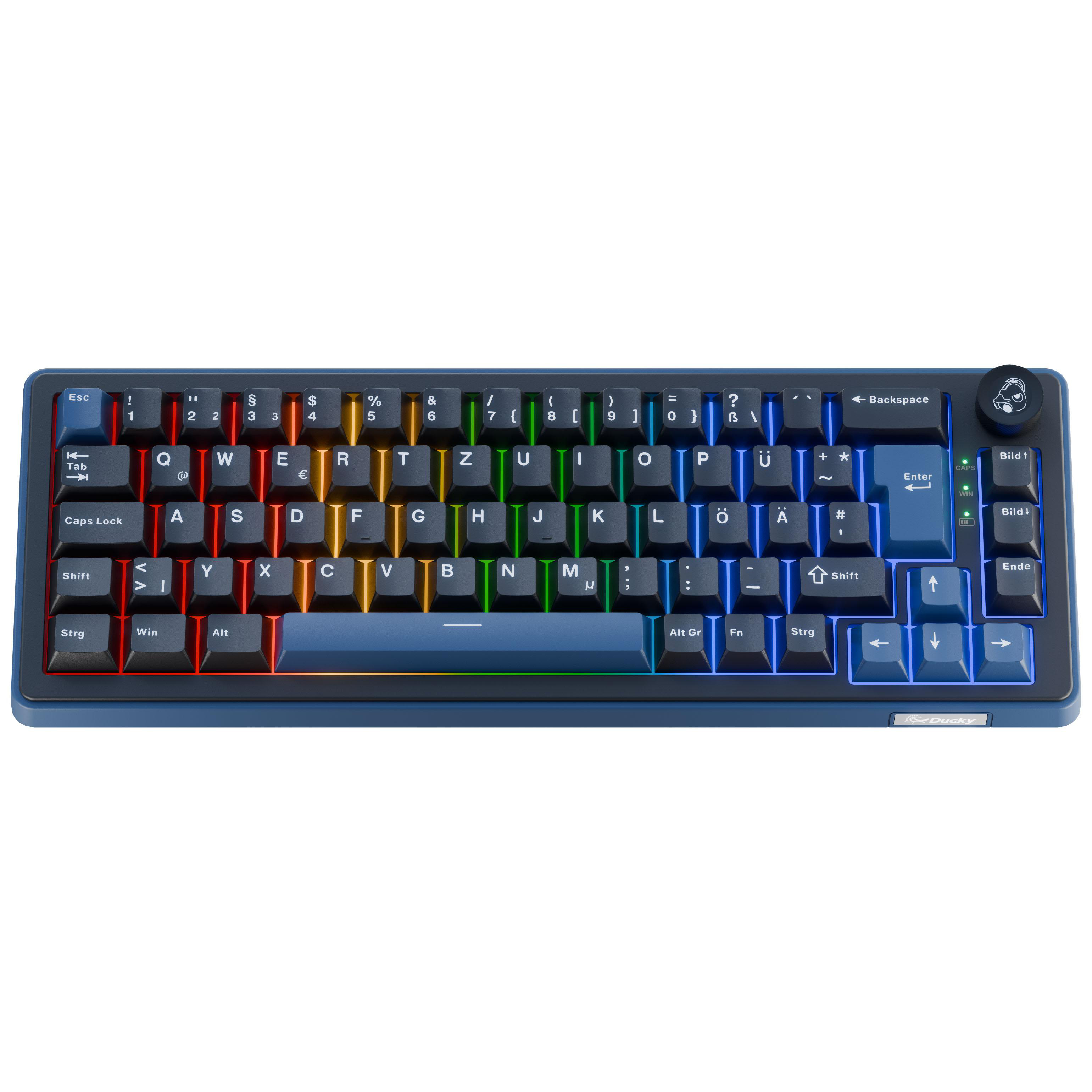 Eine blaue mechanische Tastatur mit RGB-Beleuchtung und deutschen Tastenbeschriftungen.