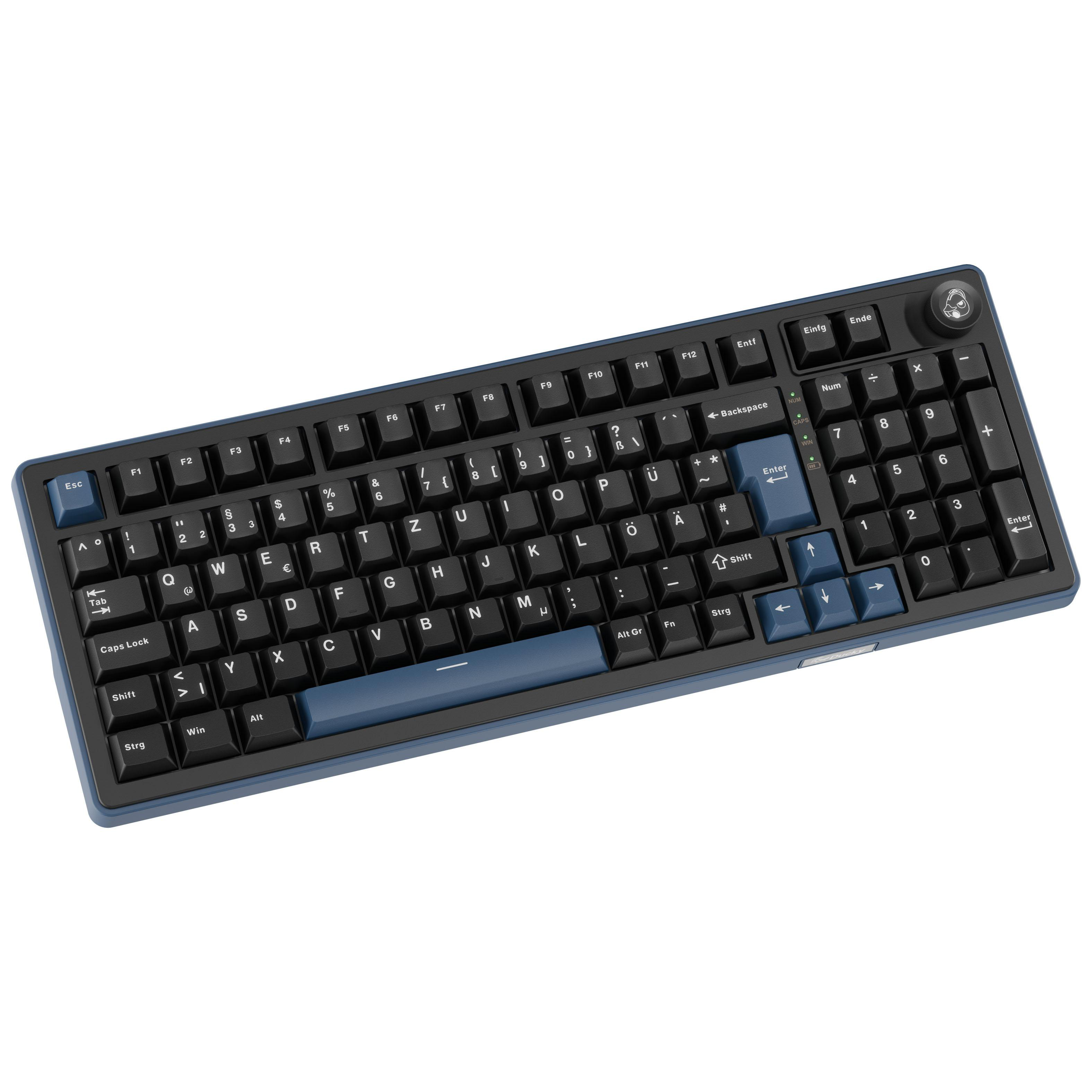 Eine schwarze Tastatur mit blauen Akzenttasten und einem Drehknopf.