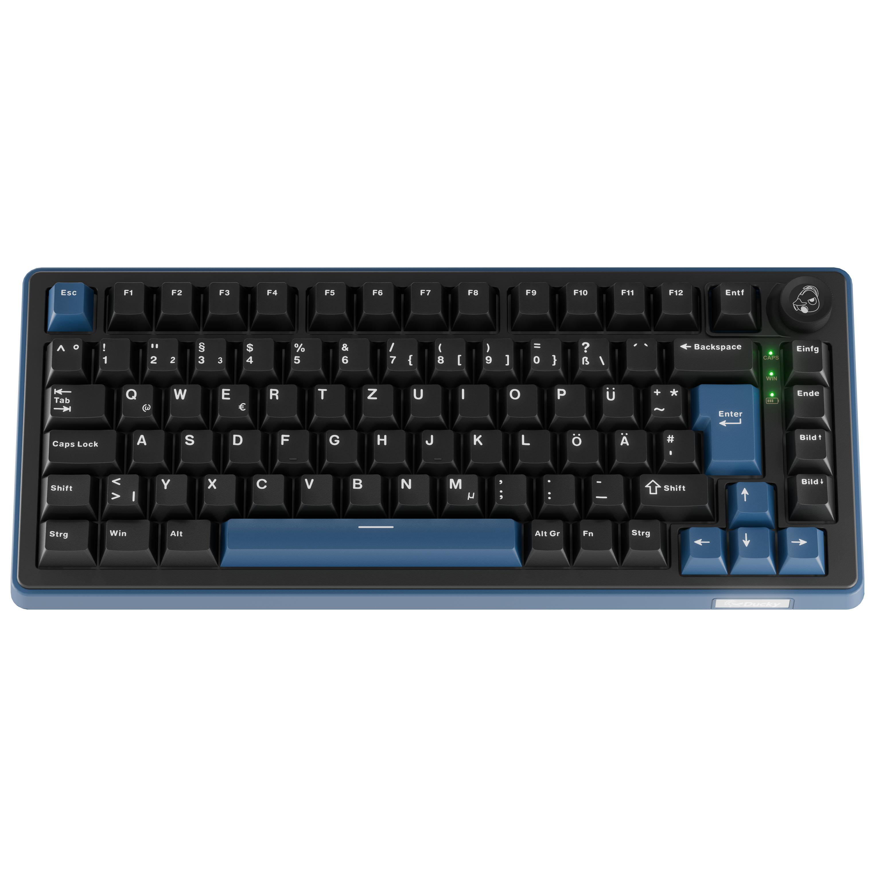 Eine Nahaufnahme einer schwarzen Tastatur mit blauen Akzenttasten und einem Drehregler.