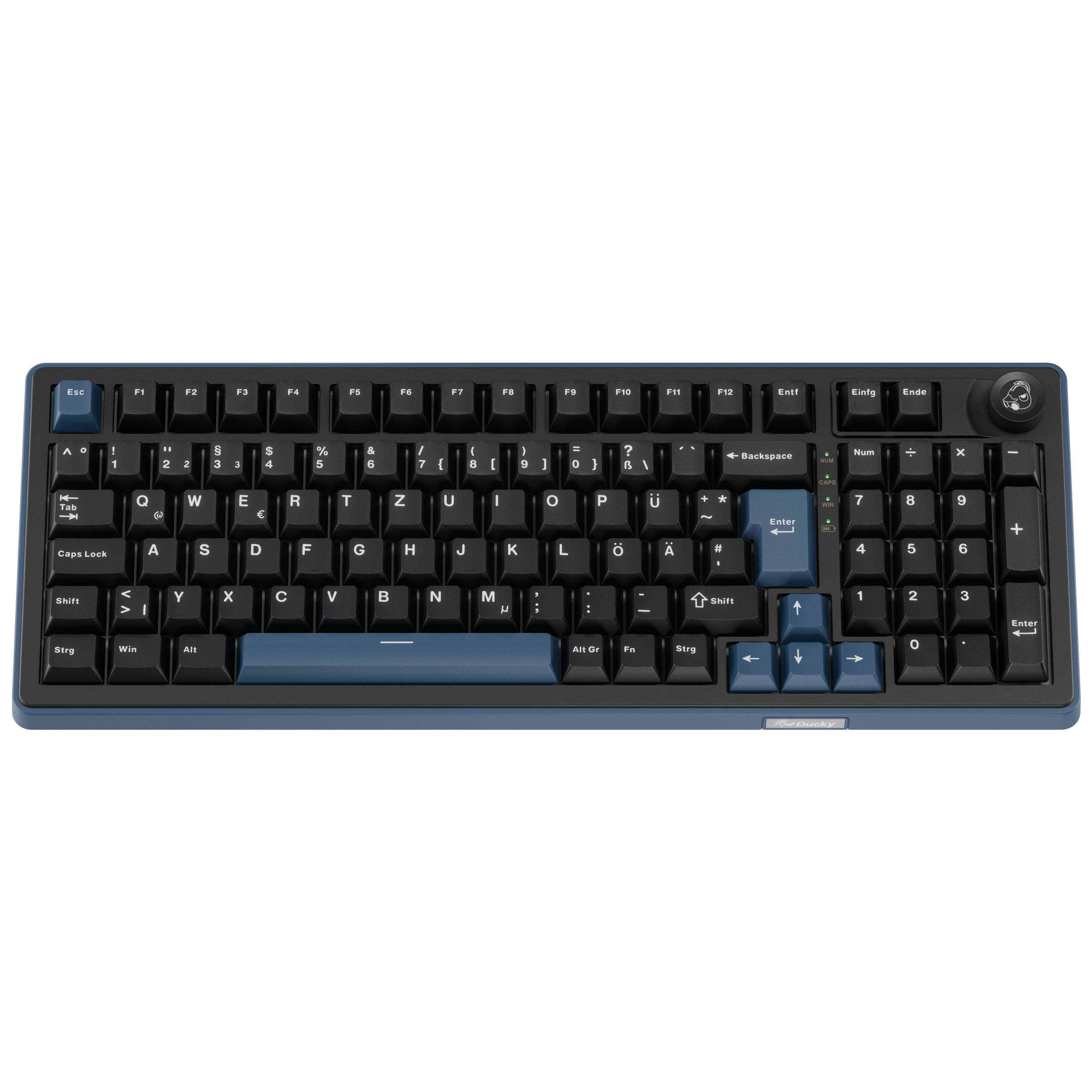 Eine blaue mechanische Tastatur mit schwarzen Tasten und silbernen Akzenten.
