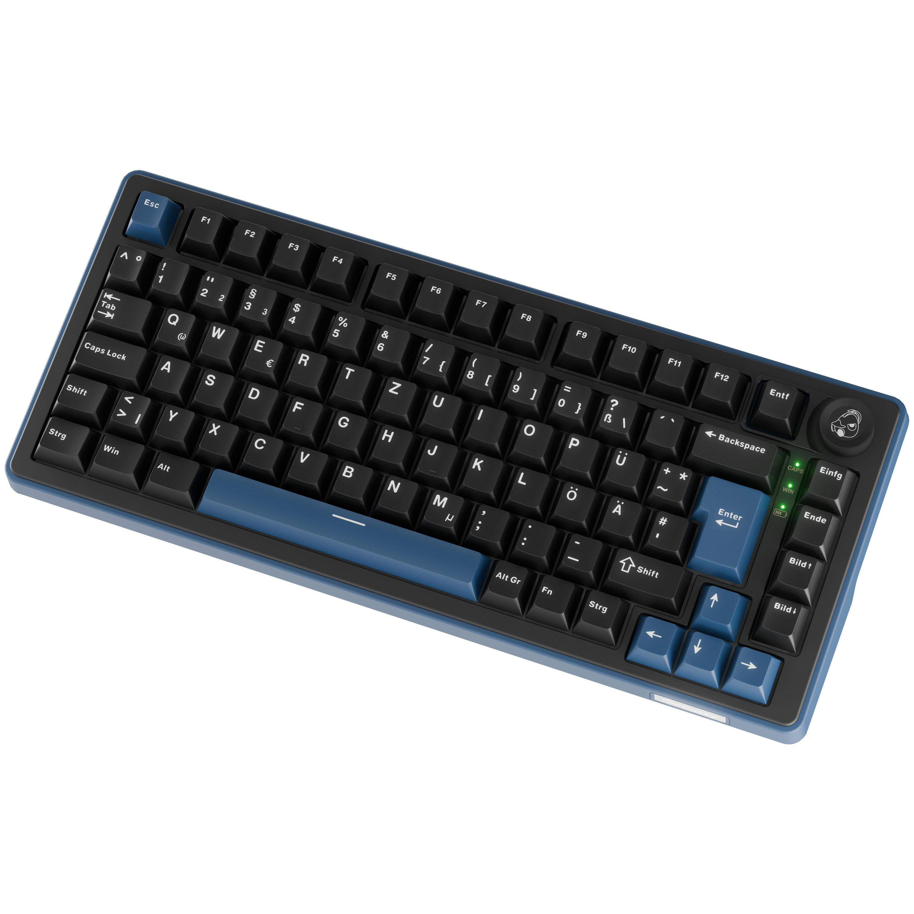 Eine schwarze Tastatur mit blauen Akzenttasten und einem weißen Hintergrund.