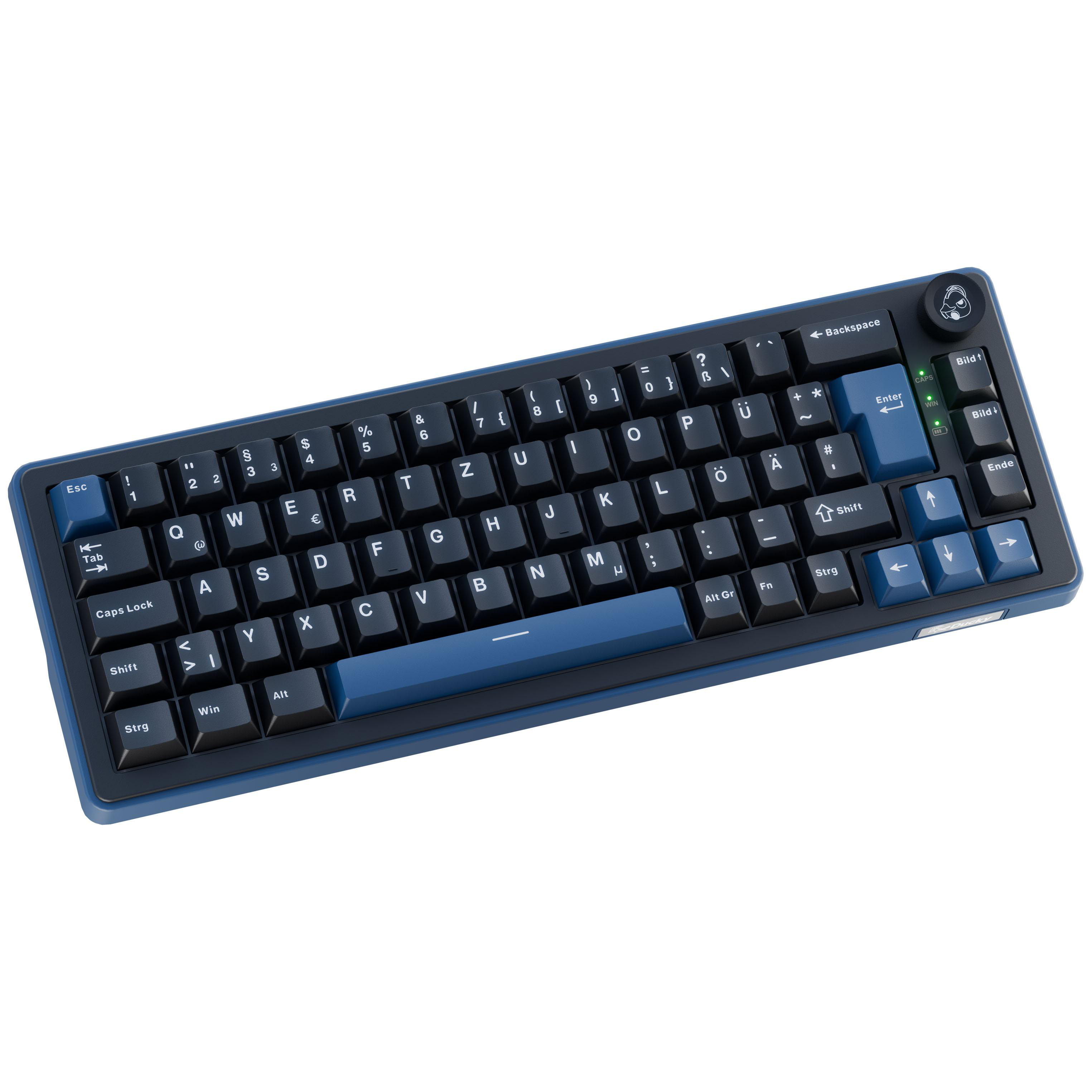 Eine blaue und schwarze Tastatur mit deutschem Layout auf weißem Hintergrund.