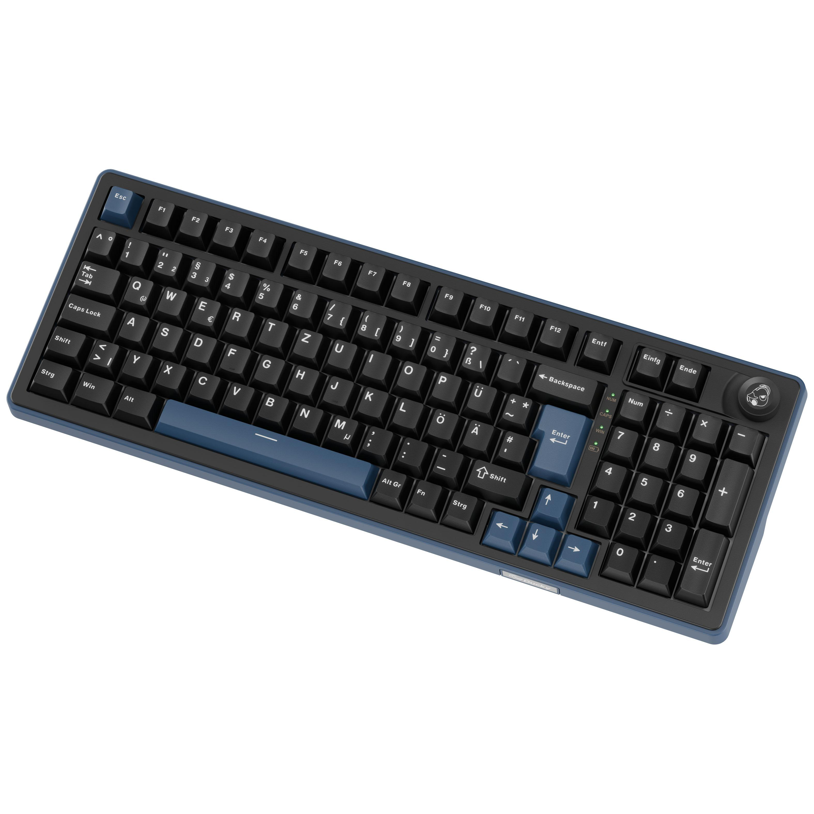 Eine blaue mechanische Tastatur mit schwarzen Tastenkappen auf weißem Hintergrund.