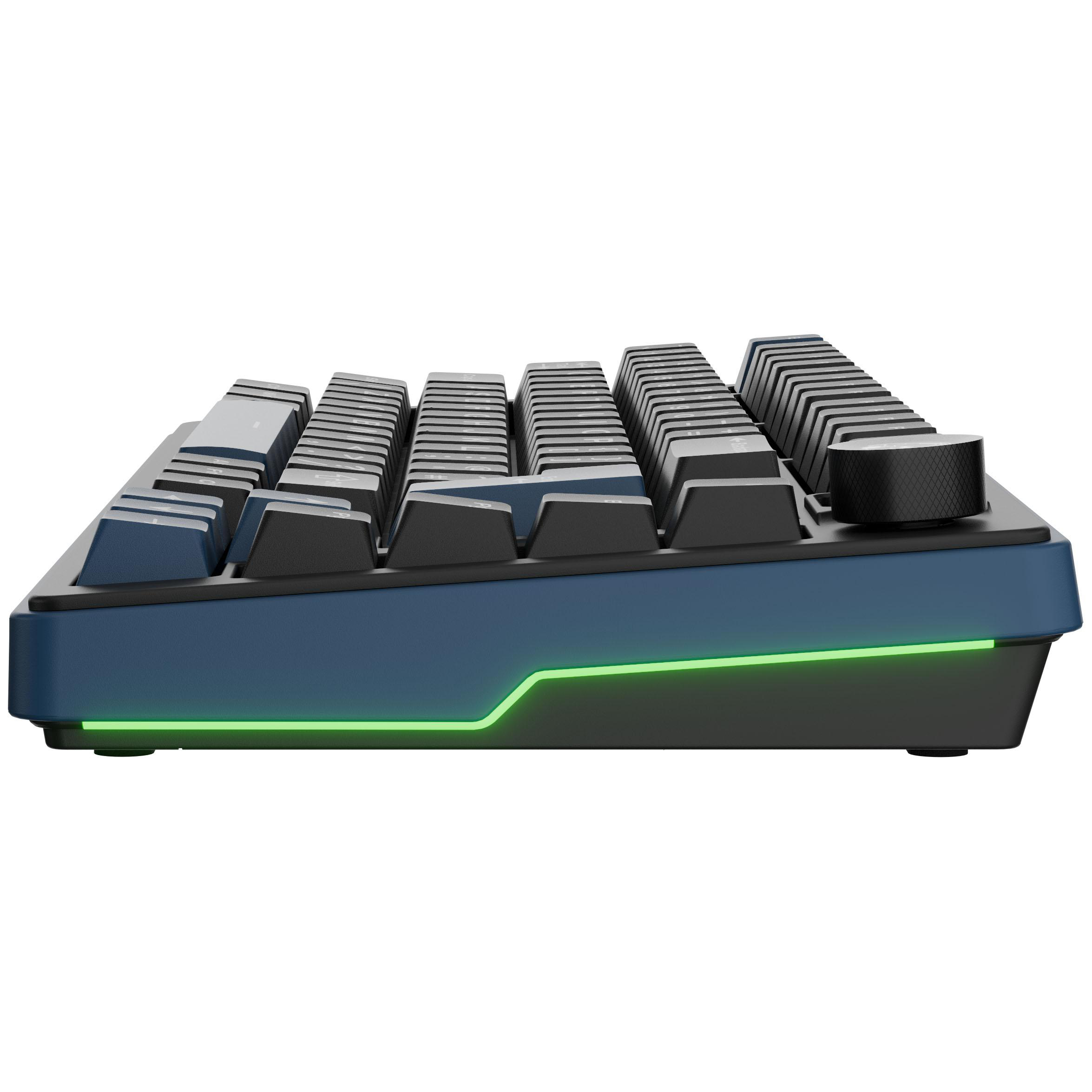 Eine blaue Tastatur mit schwarzer Oberseite und grüner Beleuchtung.