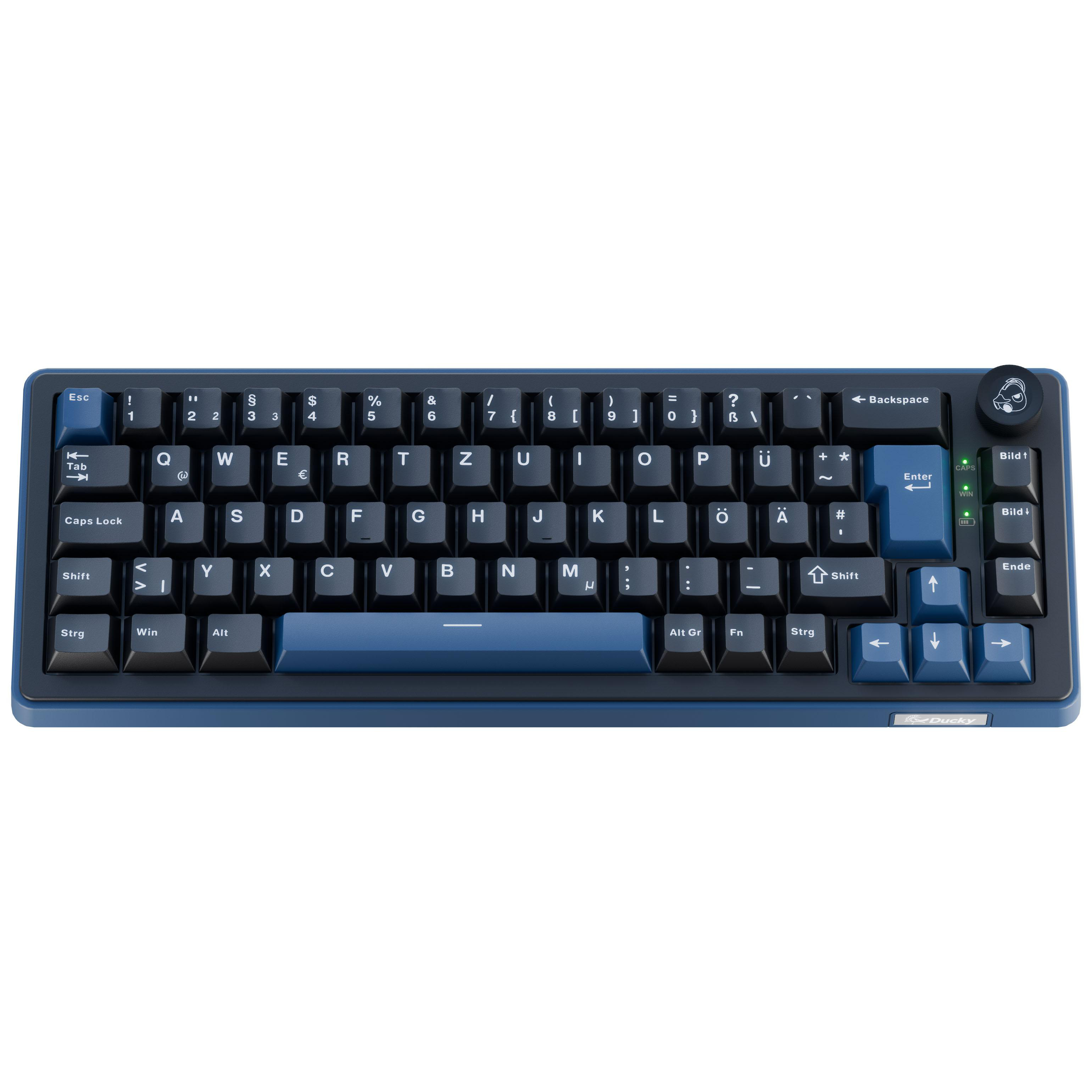 Eine blaue mechanische Tastatur mit schwarzen Tasten und weißer Schrift.