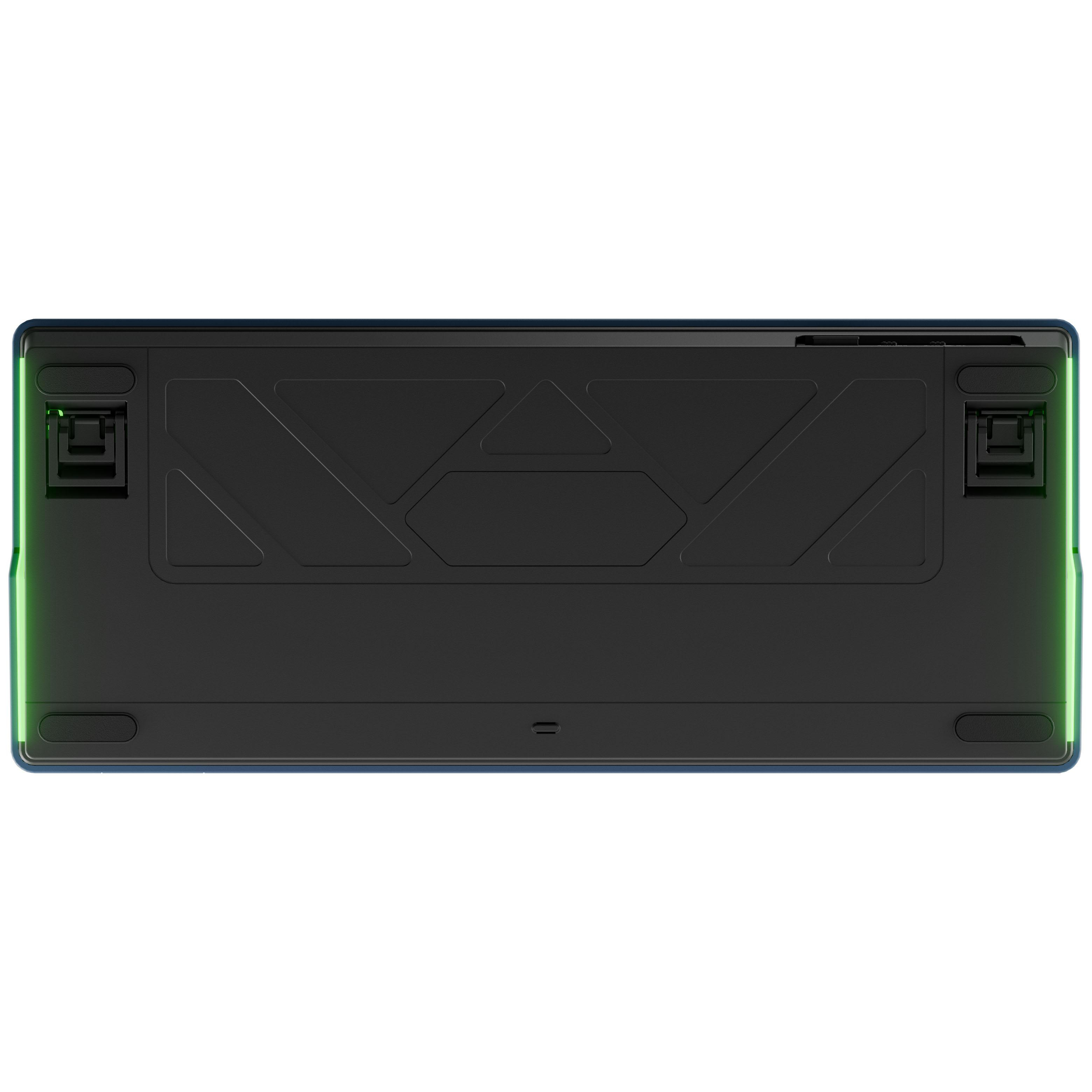 Unterseite einer schwarzen Tastatur mit blauem Rand und grüner Beleuchtung.