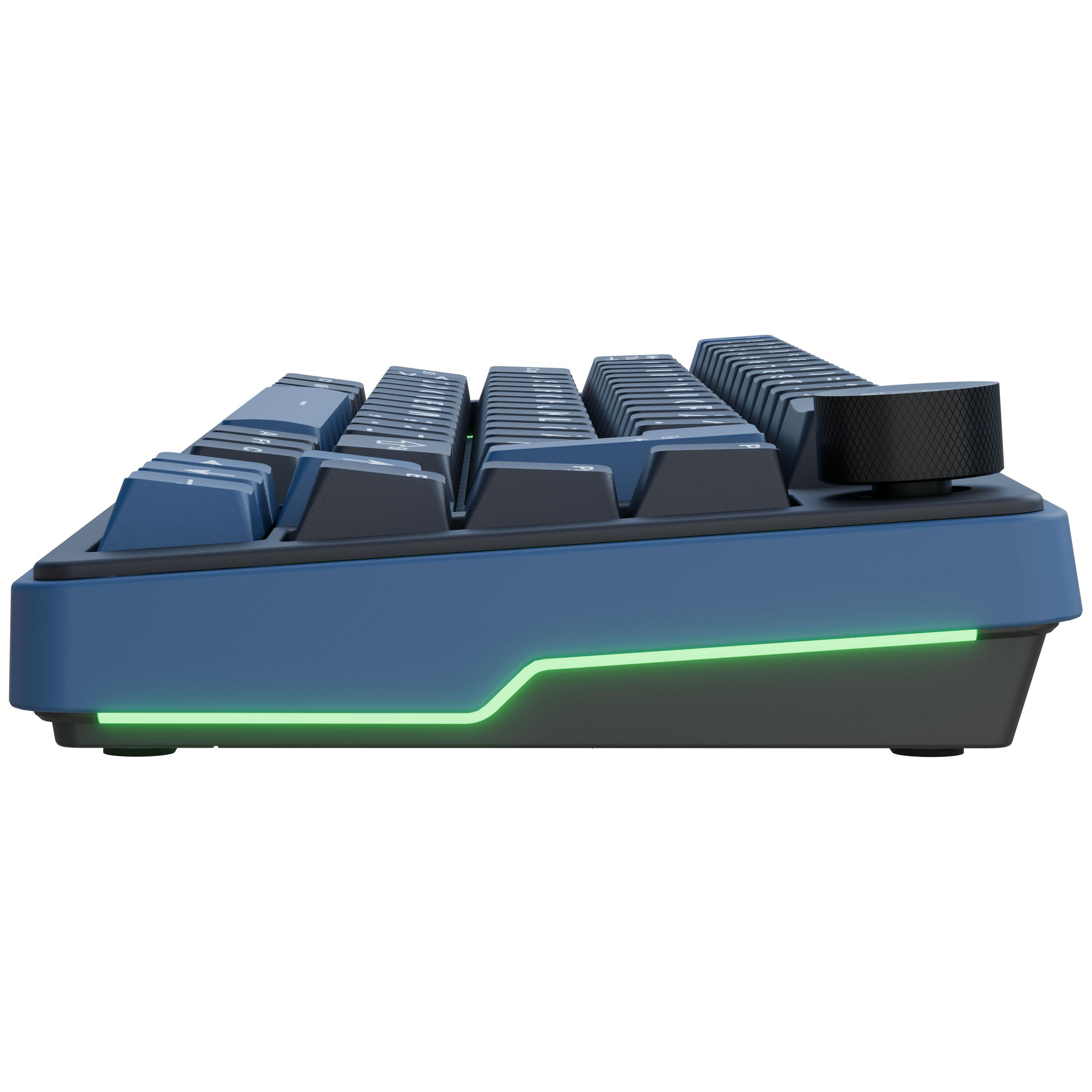 Eine blaue Tastatur mit schwarzen Tasten und grüner Beleuchtung.