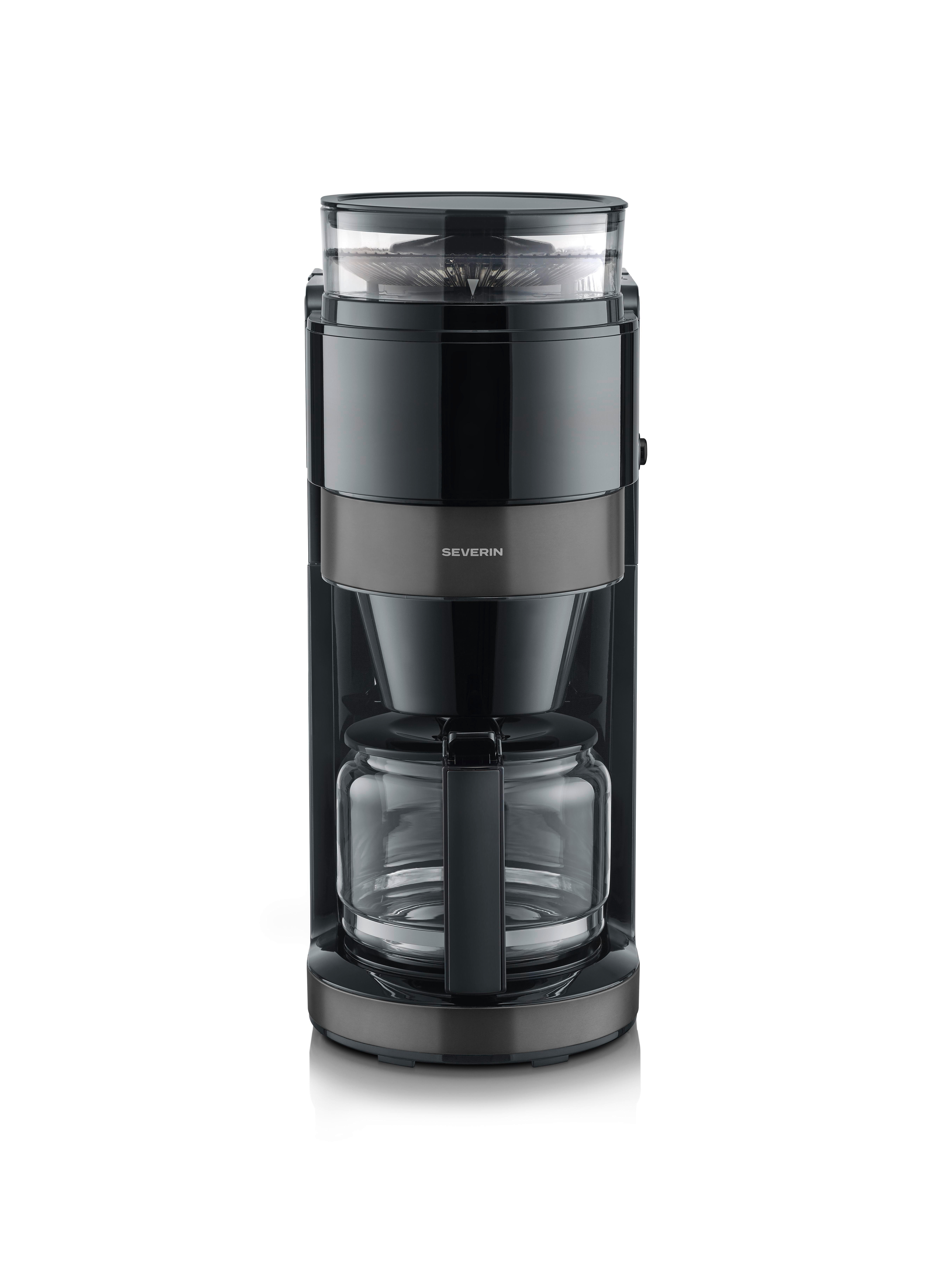 Schwarze Kaffeemaschine mit integriertem Mahlwerk und Glaskanne.